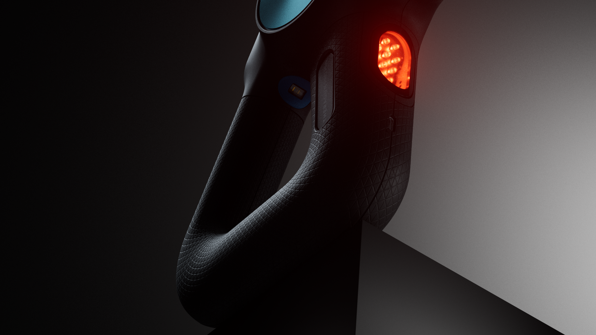 A black Theragun Pro Plus device with a red light on its side, showing its ergonomic design and advanced features.