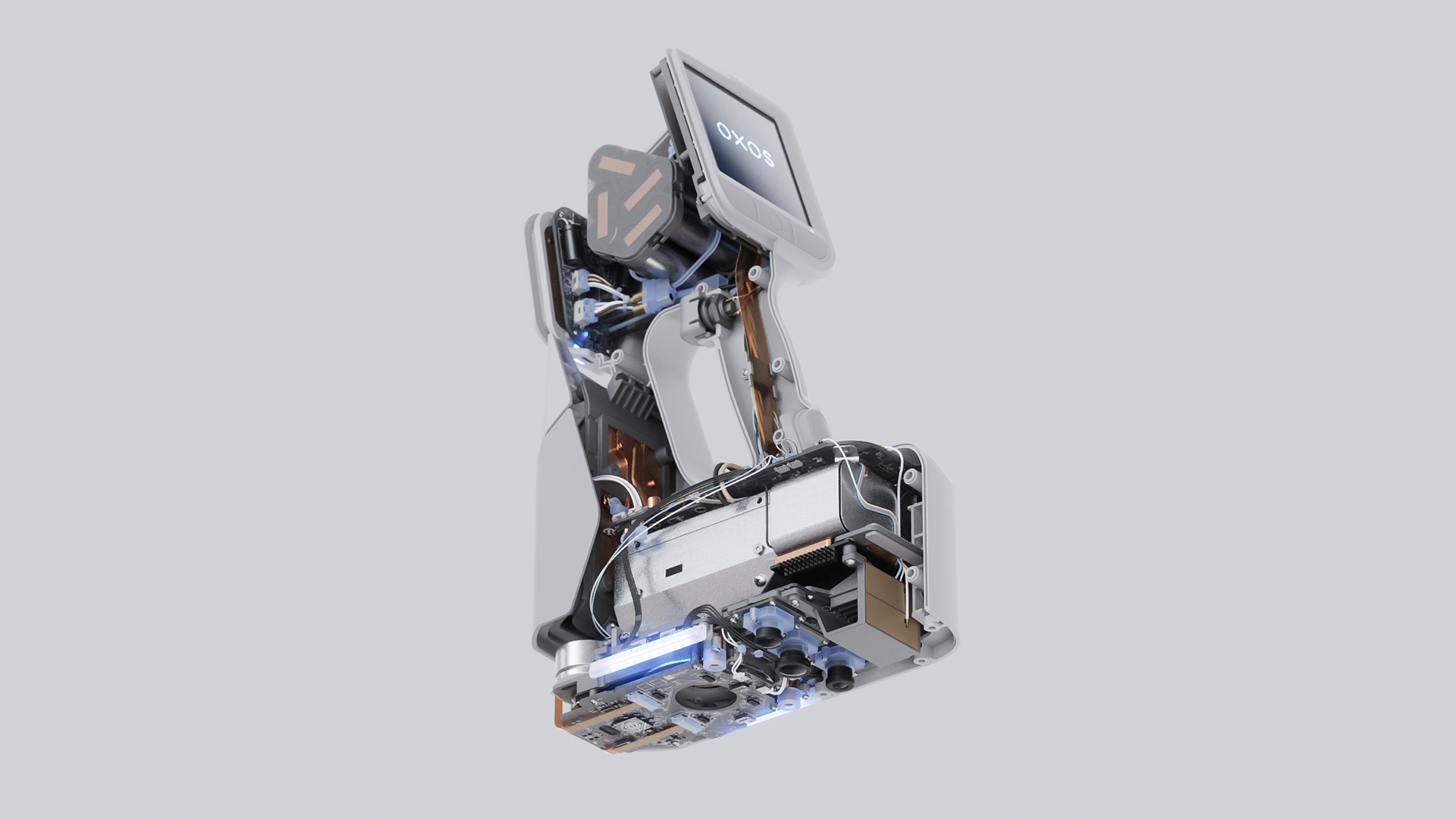 A sleek, portable robotic arm with a "SIXTEEN" logo on its head.