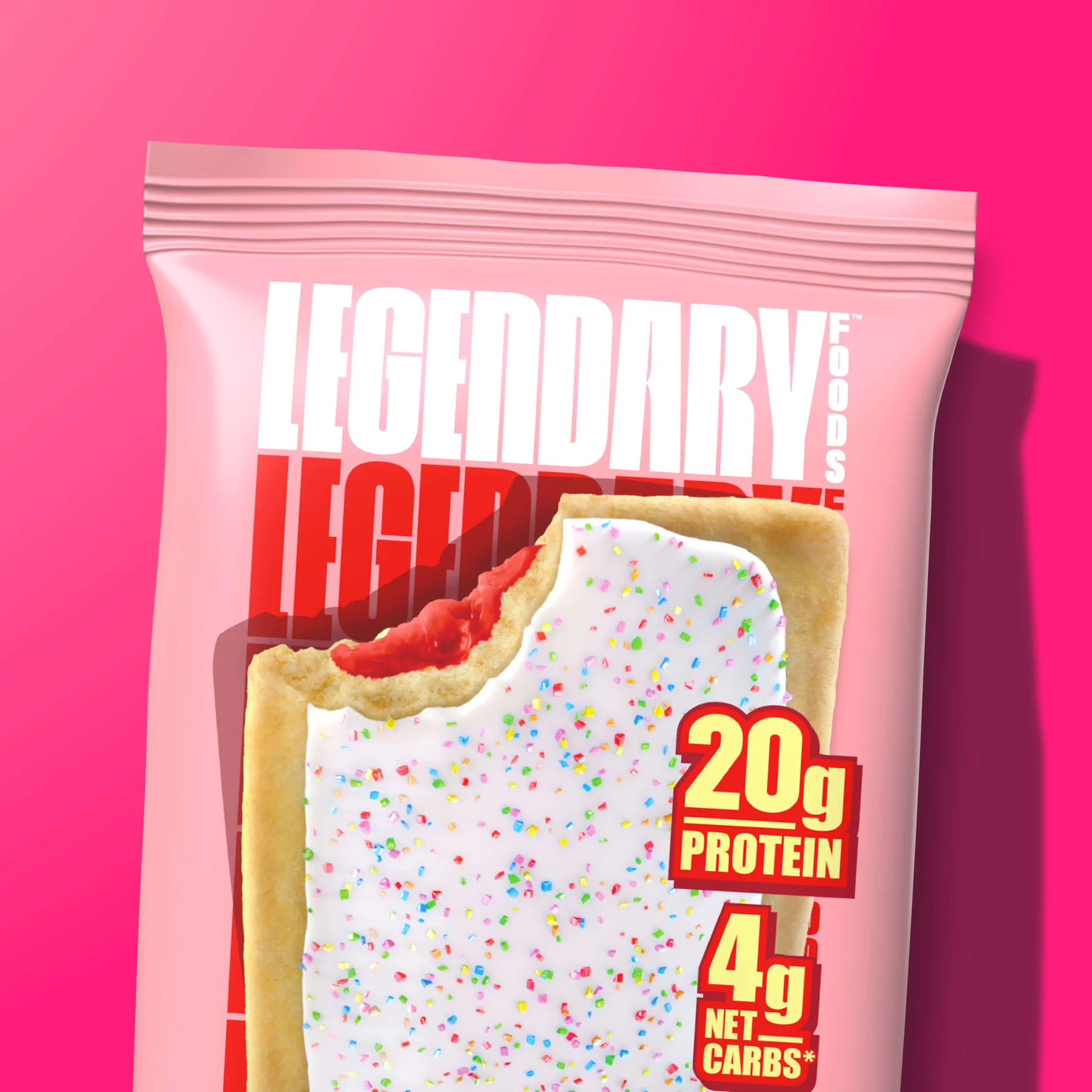 A packet of "Legendary Foods" protein cookies with colorful sprinkles, 20g protein, and 4g net carbs.
