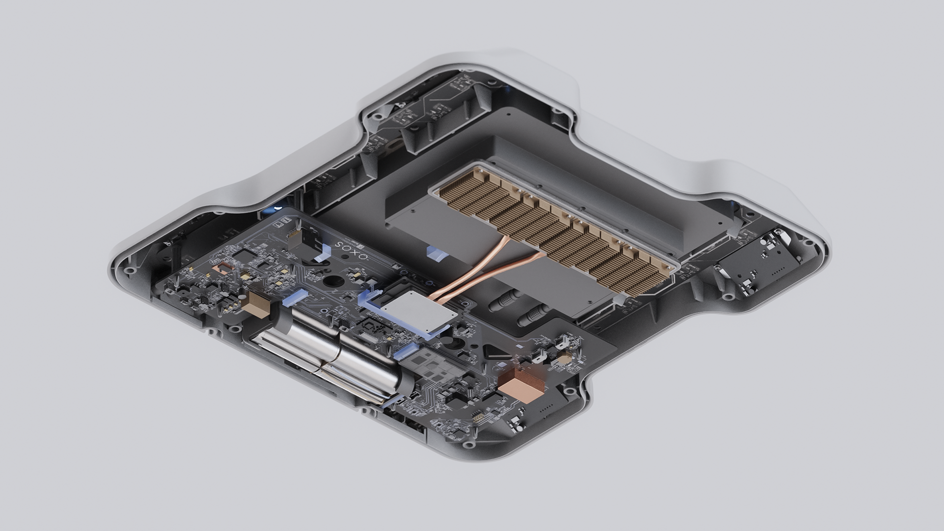 A disassembled electronic device showing its internal components, including a circuit board, connectors, and a memory module.