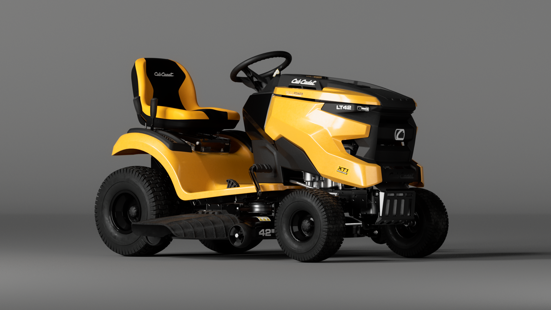 A yellow Cub Cadet lawn mower with a black seat and steering wheel, displaying the model number "LT46" on the side.