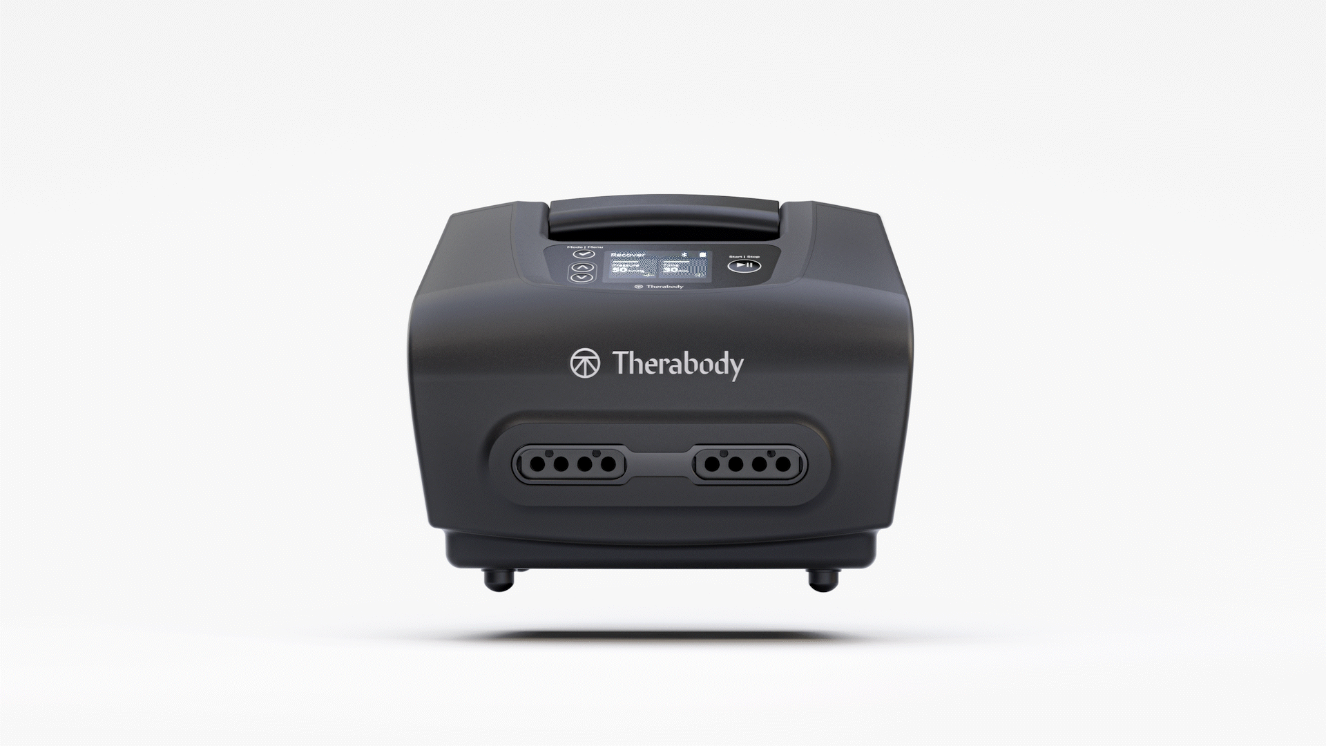 Animated sequence: A sleek black pump with a textured grip and a power button on the back.