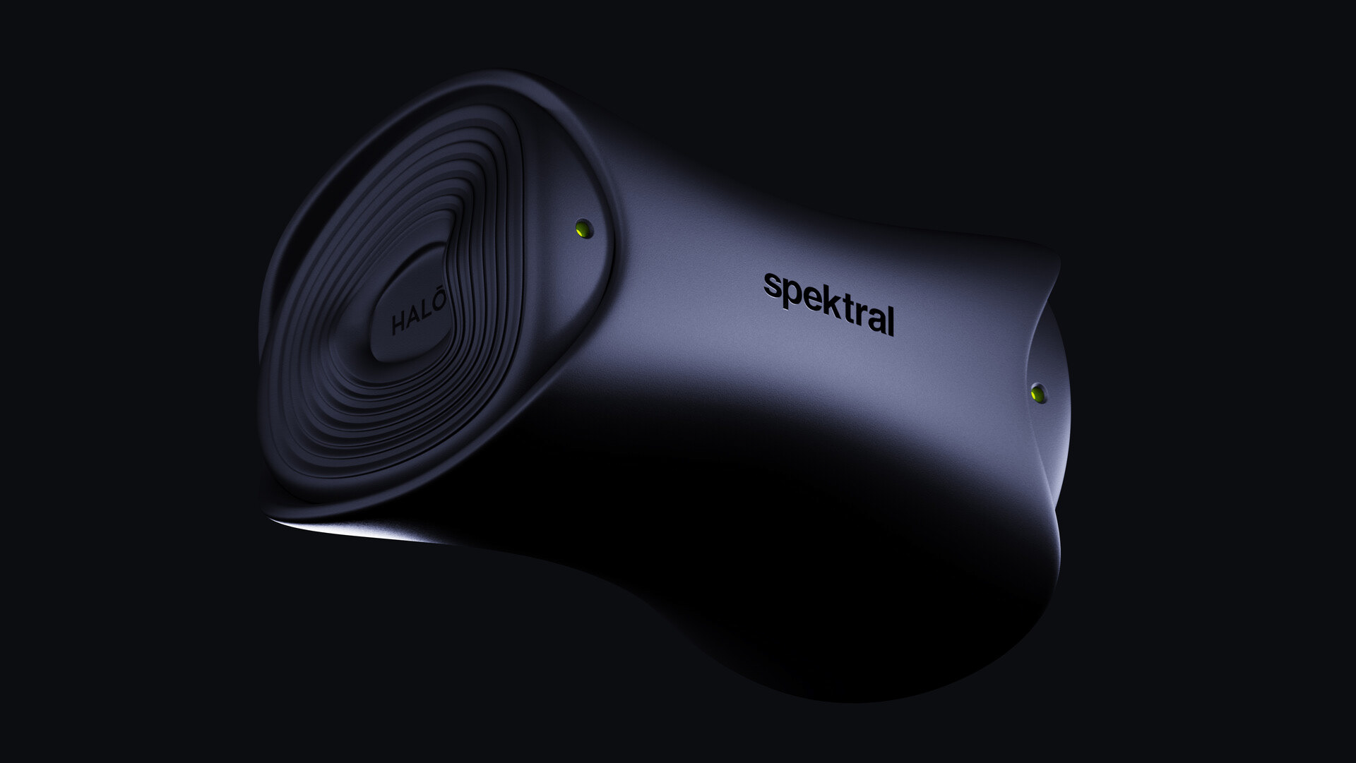 A sleek, black in-ear monitor with a circular design and glowing green lights on top, branded Spektral HALO TWS.