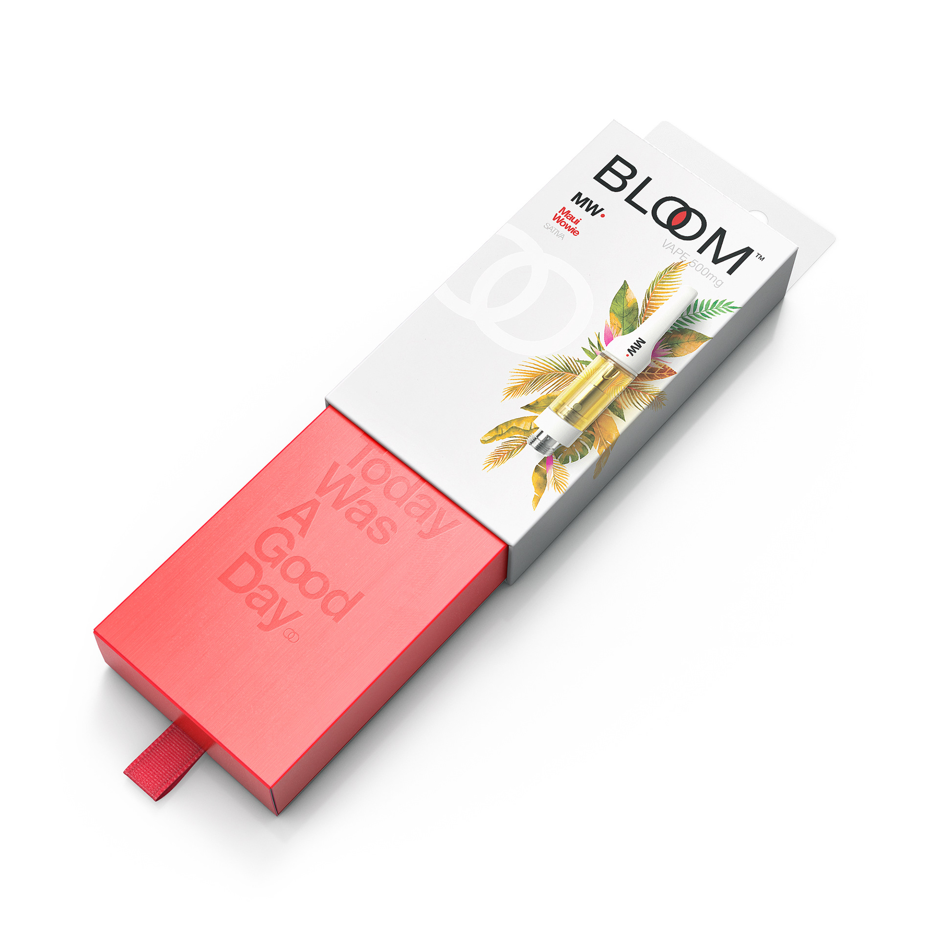 A sleek, red and white electronic device with "BLOOM" branding, featuring a minimalist design and vibrant botanical illustrations.
