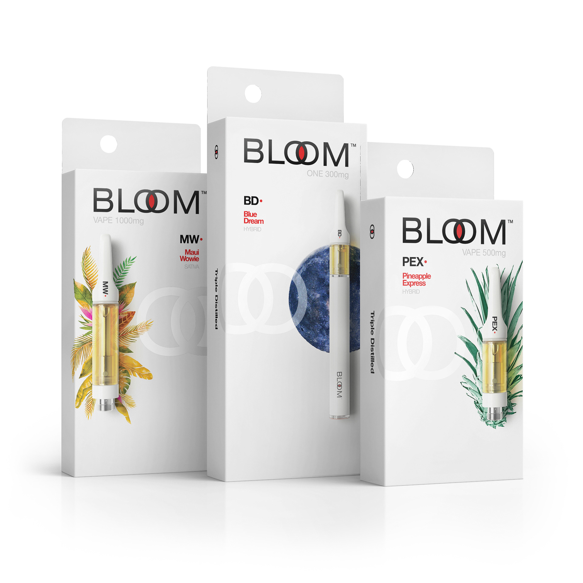 Bloom cannabis products in packaging; "MW" and "BD+" visible on packages.