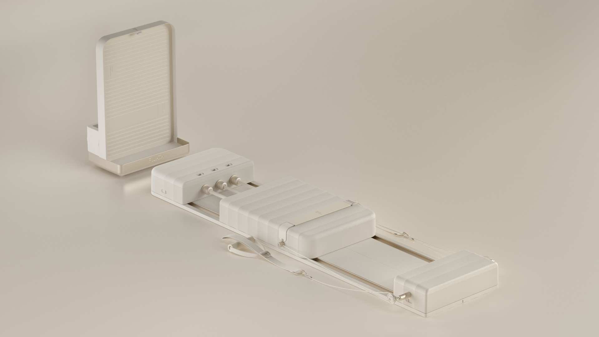 A minimalist white device with a rectangular shape, featuring a hinge mechanism and a small screen on top.