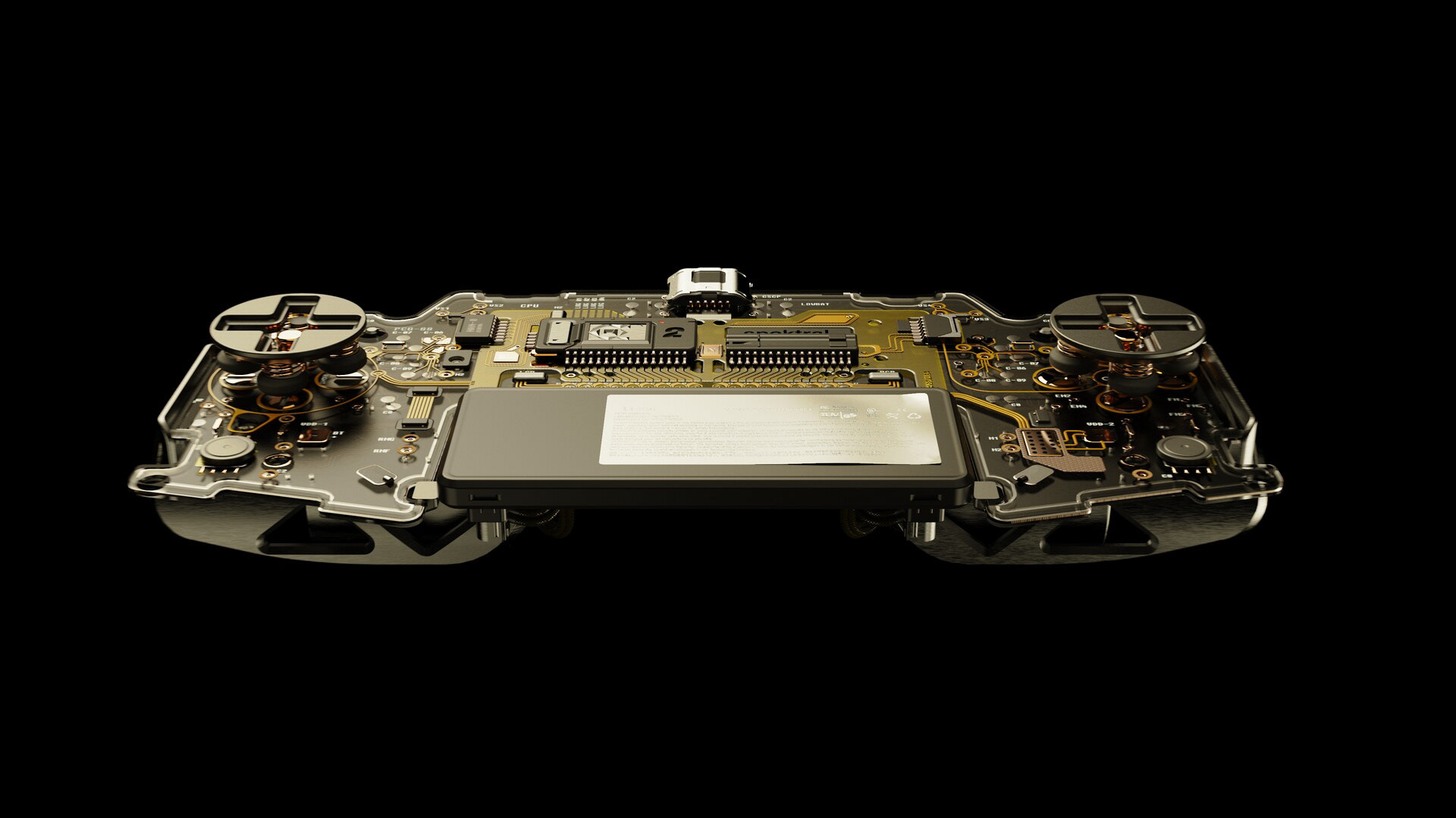 A handheld console's internal circuit board with various components, including a rectangular display screen, surrounded by intricate wiring and electronic parts.