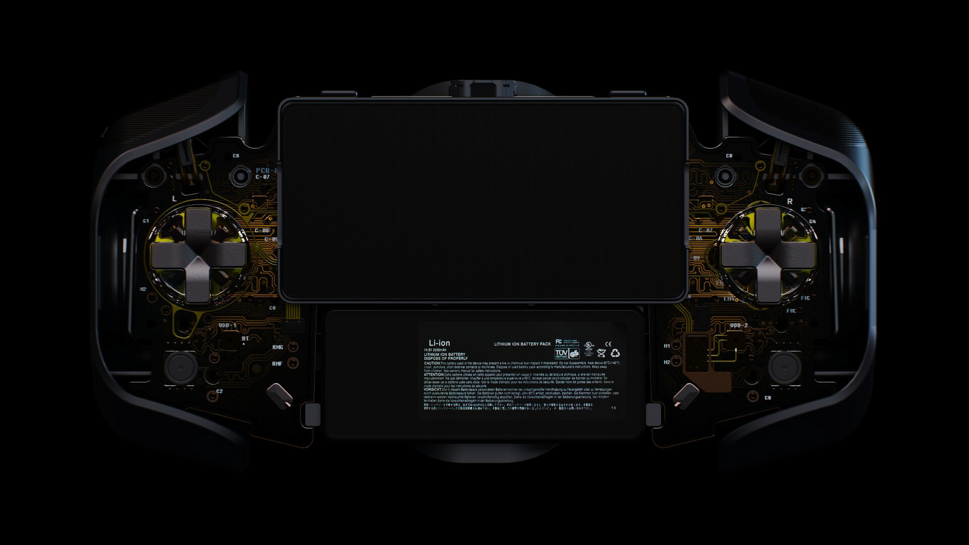 A handheld console with a black exterior, featuring intricate internal components, including a battery labeled "Li-ion" and various circuitry.