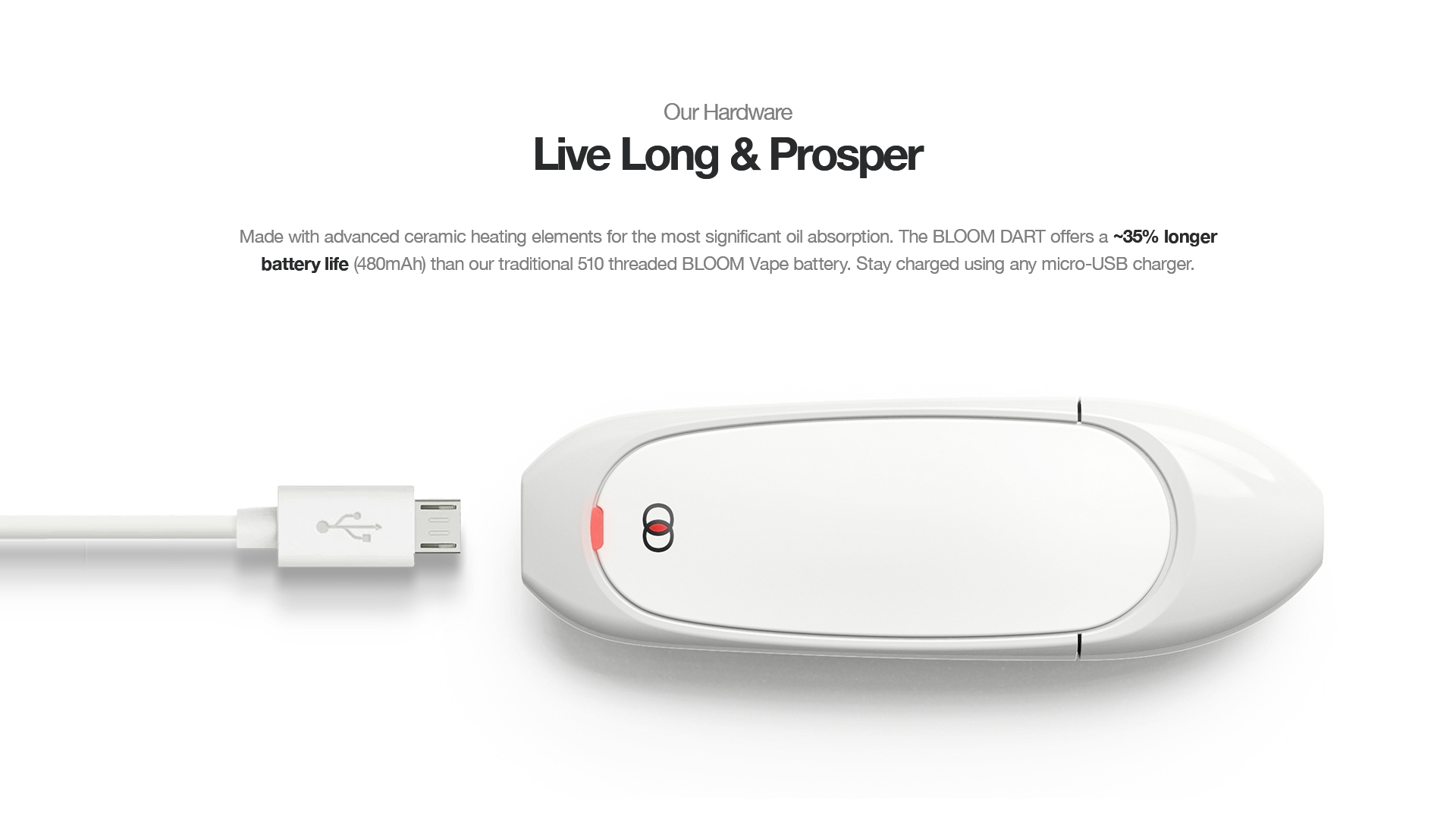 A white electronic device with a red button, labeled "BLOOM DART," showing its advanced ceramic heating elements for significant oil absorption.