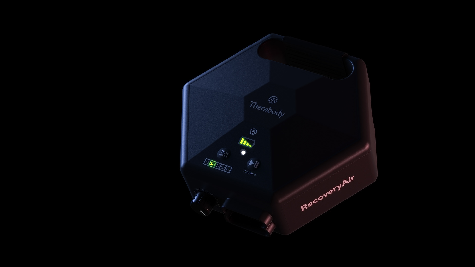 A sleek, dark-colored device with a digital display and buttons, labeled TheraBody RecoveryAir.