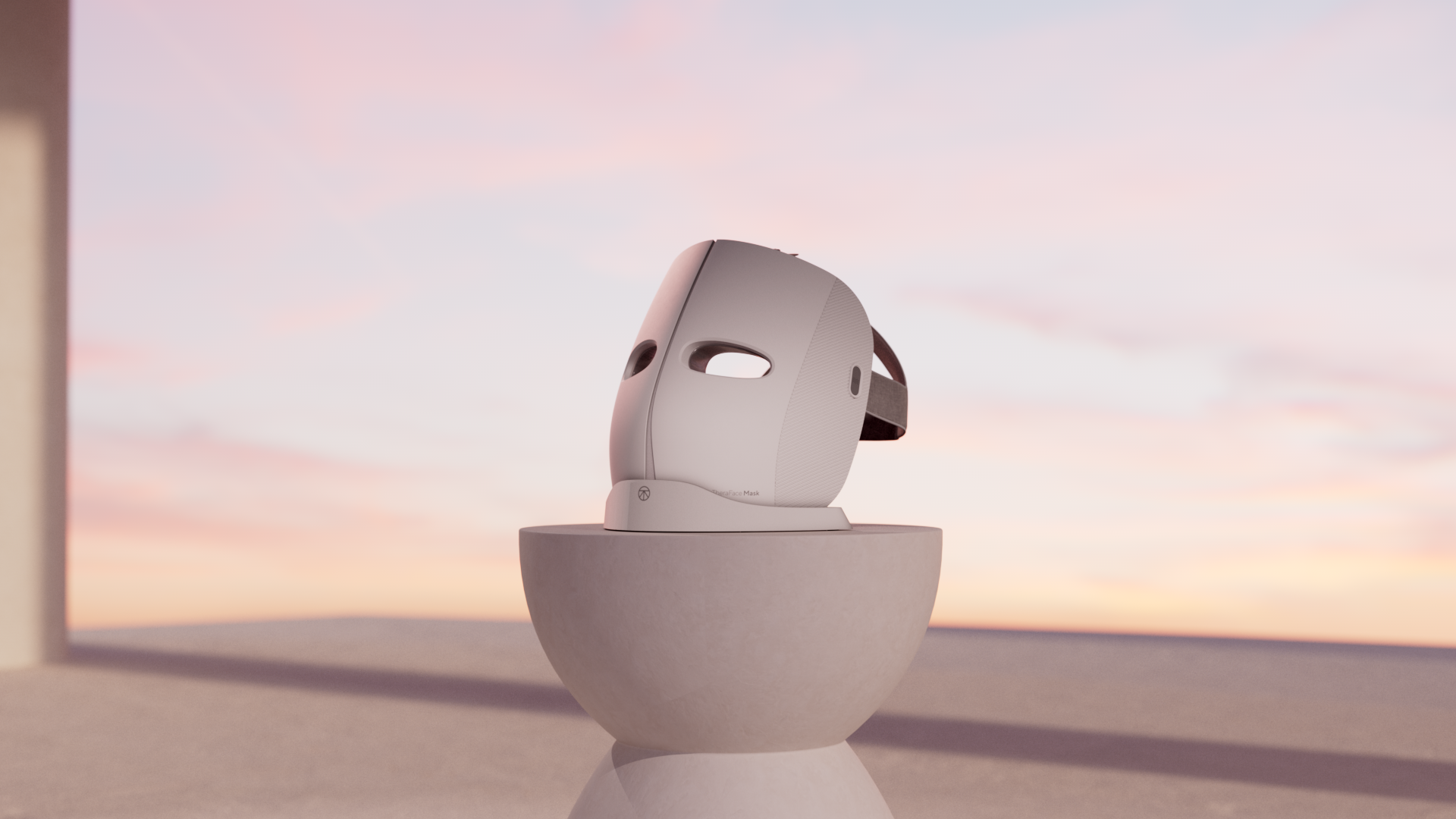 A futuristic white mask and body suit stand on a reflective surface against a pastel sky at sunset.
