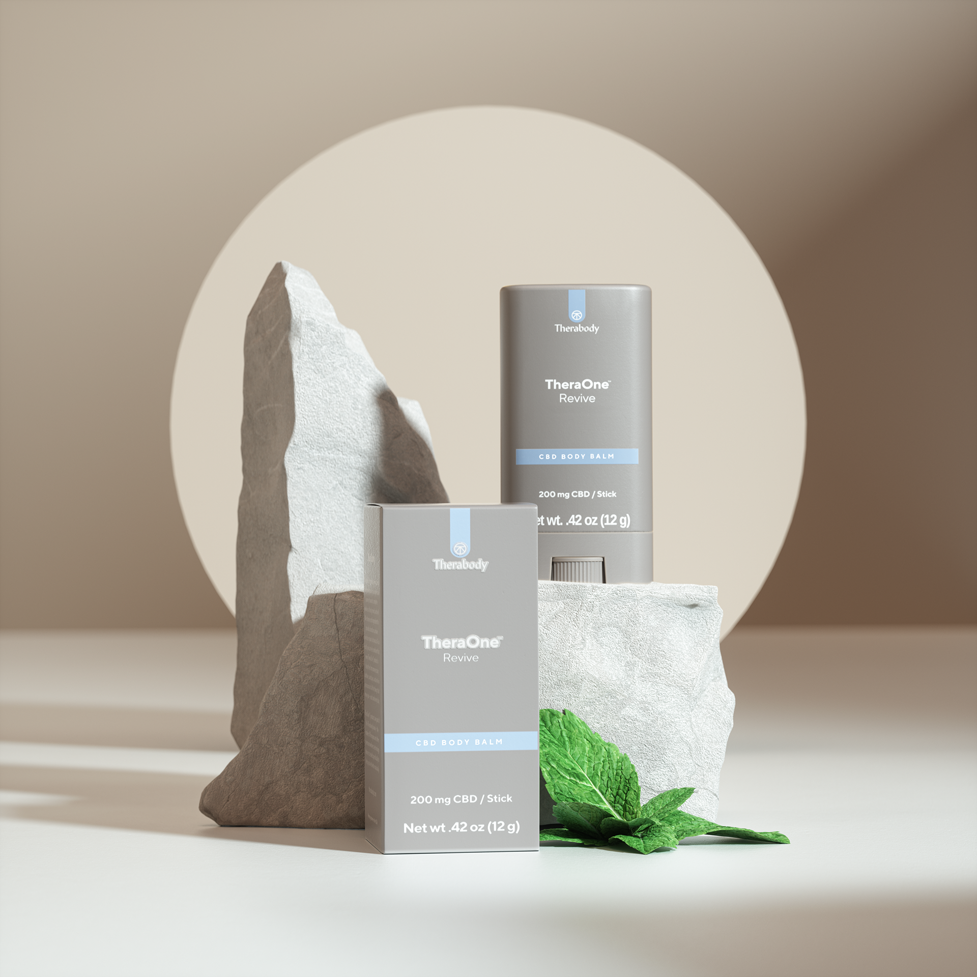 CBD-infused tea bags from Therabody, featuring mint flavor, displayed on a minimalist background.
