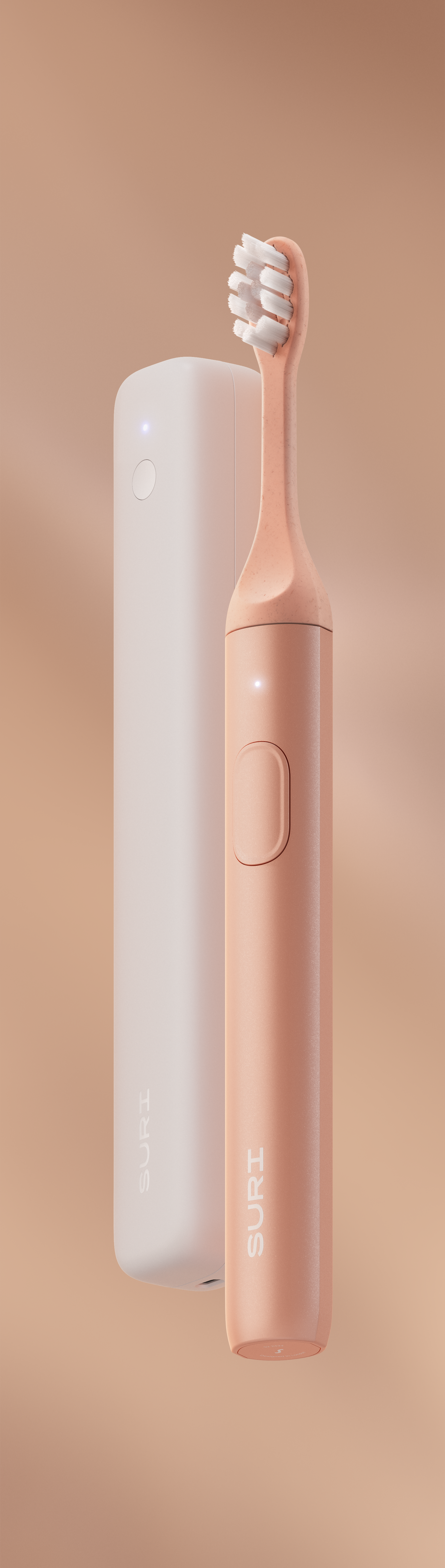 A electric toothbrush with a white and pink design, featuring a charging dock and a power button.