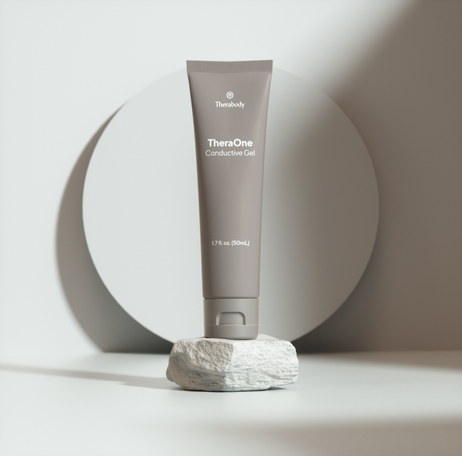 TheraOne Conductive Gel tube on a white rock, with a circular background, text reads "TheraBody" and "TheraOne Conductive Gel 1.7 fl oz (50ml)".