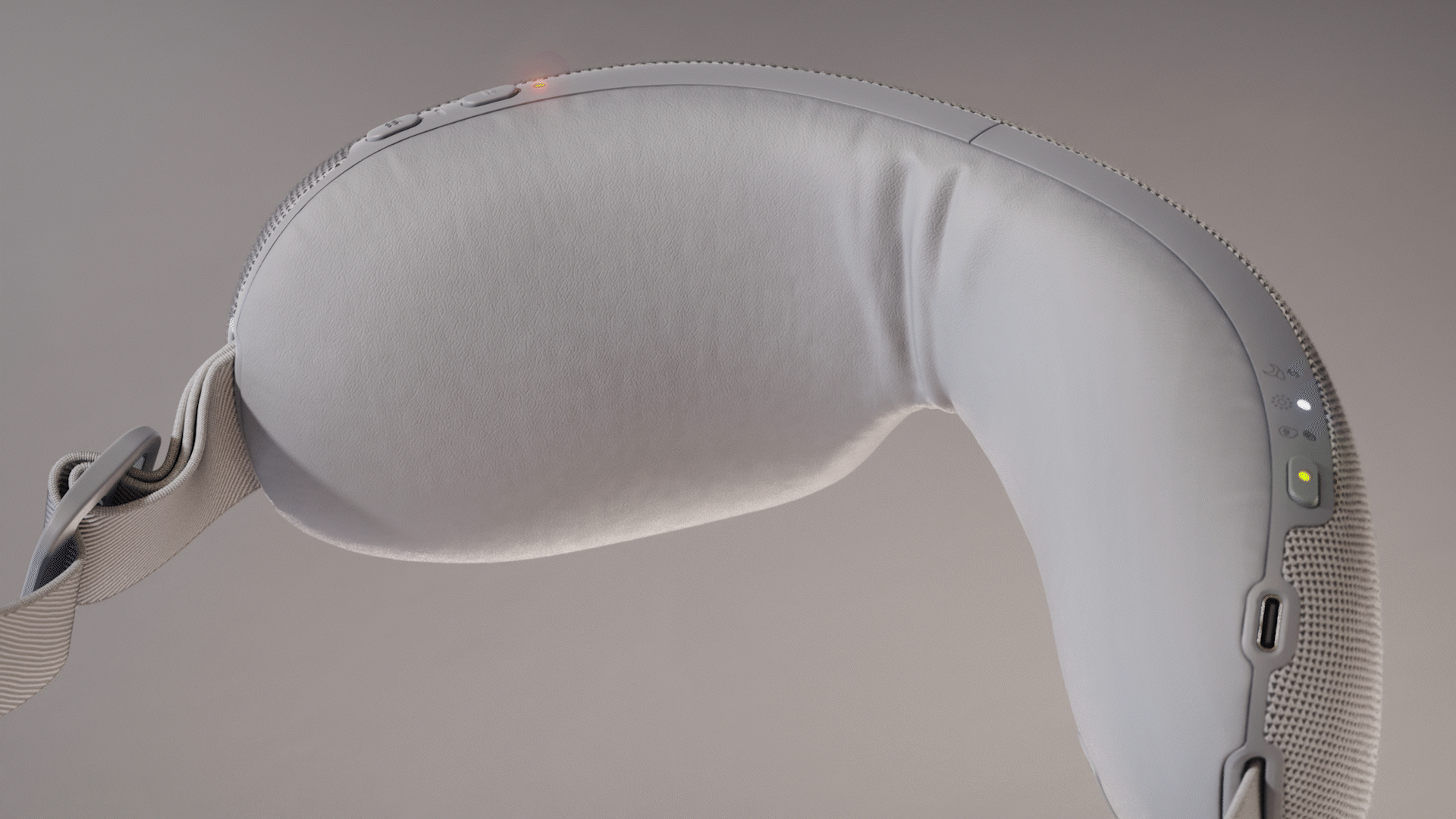 Animated sequence: A close-up of a sleek, white VR headset with a glowing red light on top, showing its ergonomic design and advanced features.