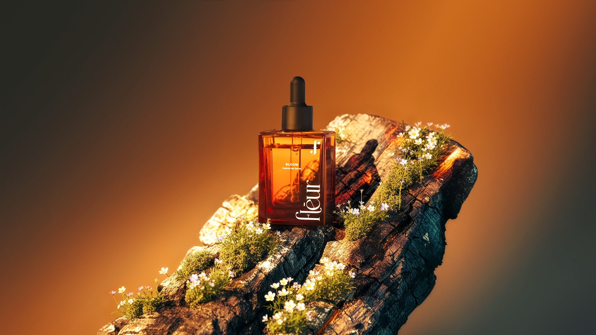 A bottle of "Fleur" perfume stands on a rocky outcrop amidst wildflowers, set against a warm, gradient background.