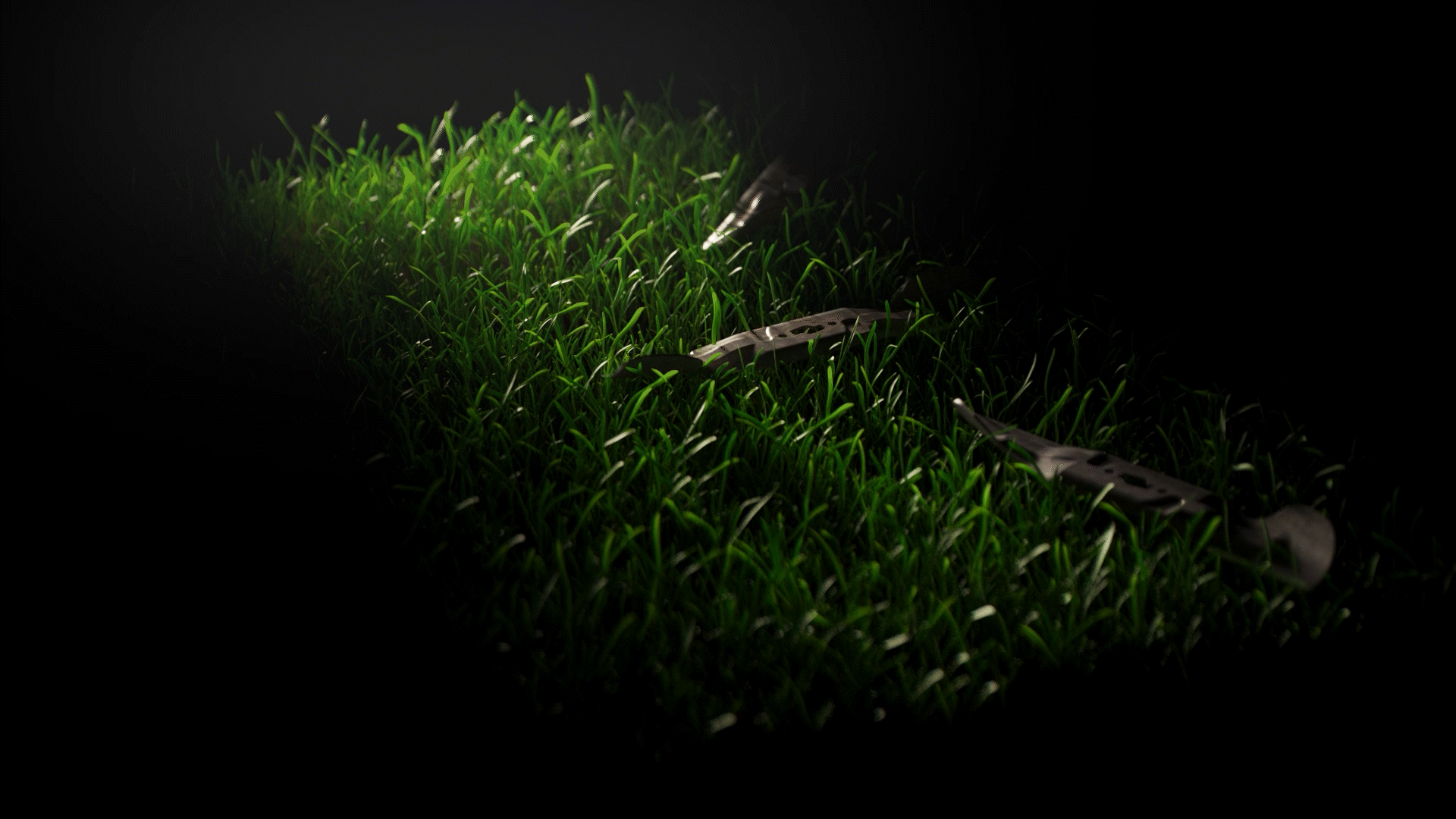 Animated sequence: A lawn mower blade spins rapidly on grass, showing its intricate design and motion.