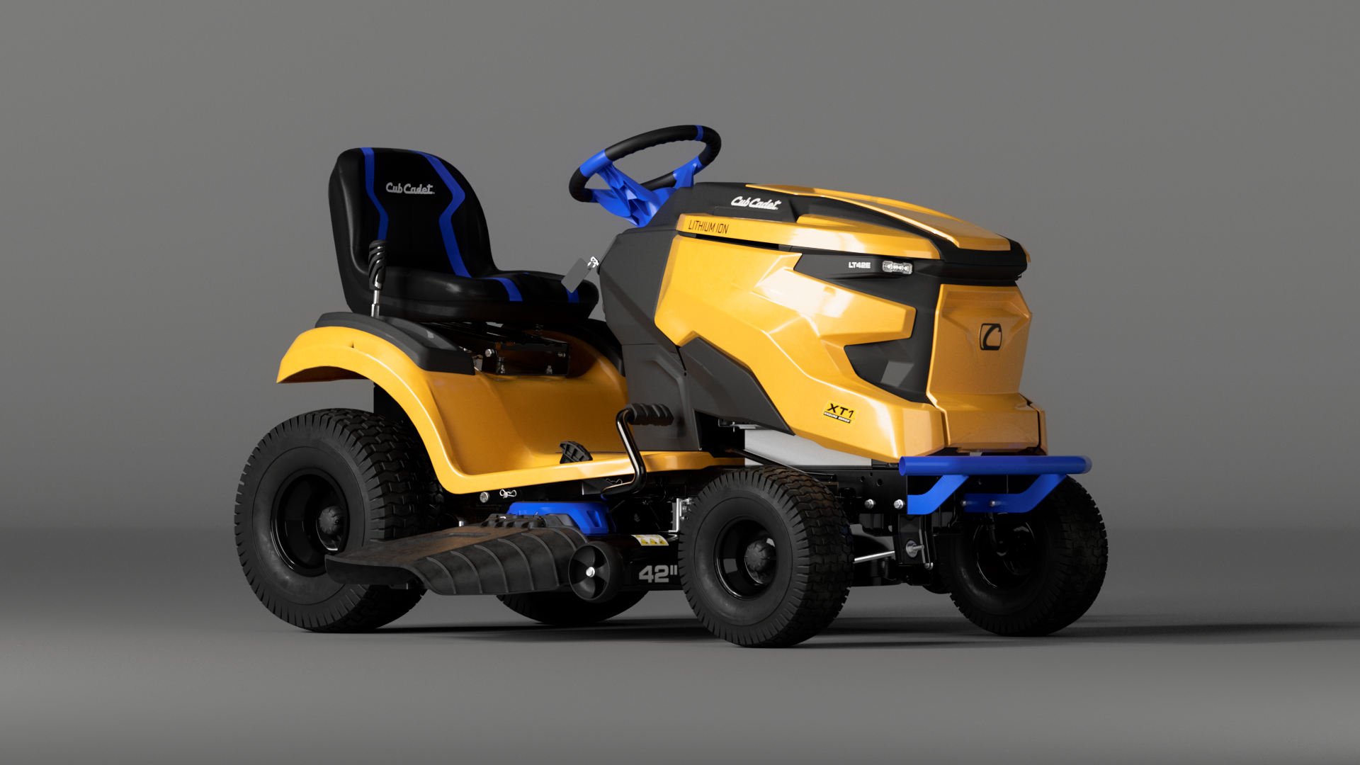 A yellow Cub Cadet lawn mower with blue accents and a "42" on the side, featuring a black seat and steering wheel.