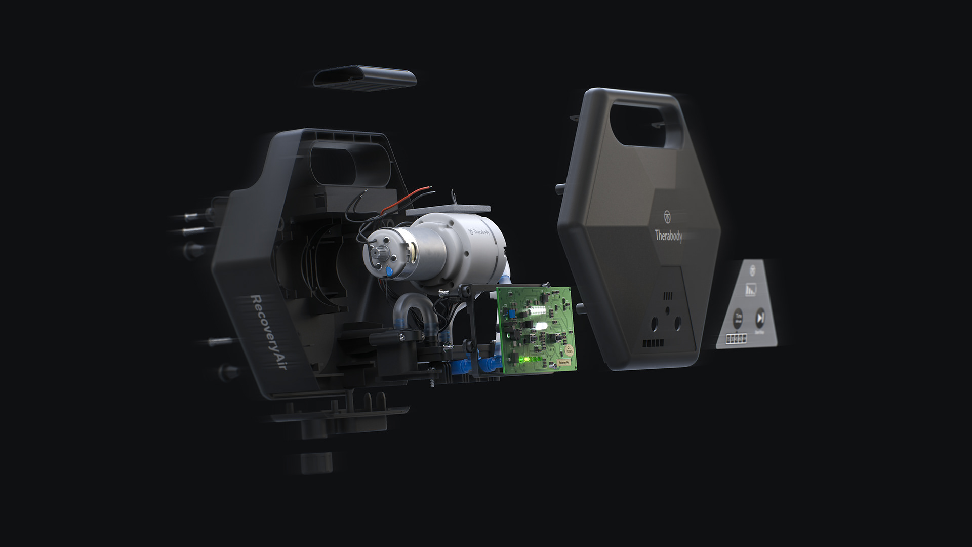 A black background showcases a disassembled pump assembly, revealing internal components like a motor, wiring, and a control board. Visible text includes RECOVERYAIR and PUMPS - THERABODY.