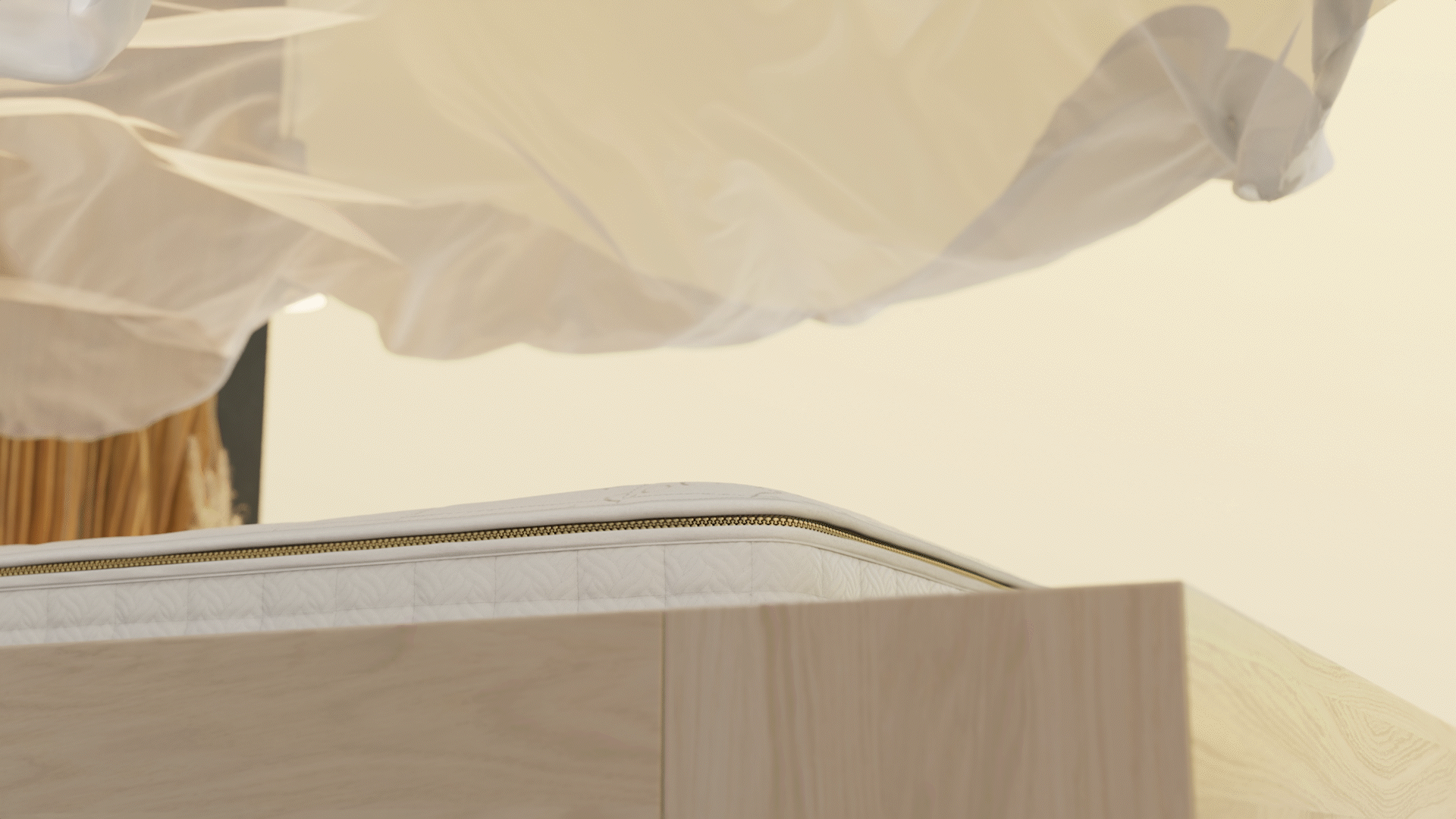 Animated sequence showing a white Naturpedic mattress on a wooden bed frame as bedding lifts above it.