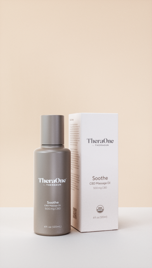 TheraOne Soothe CBD Massage Oil bottle and box on a plain background.