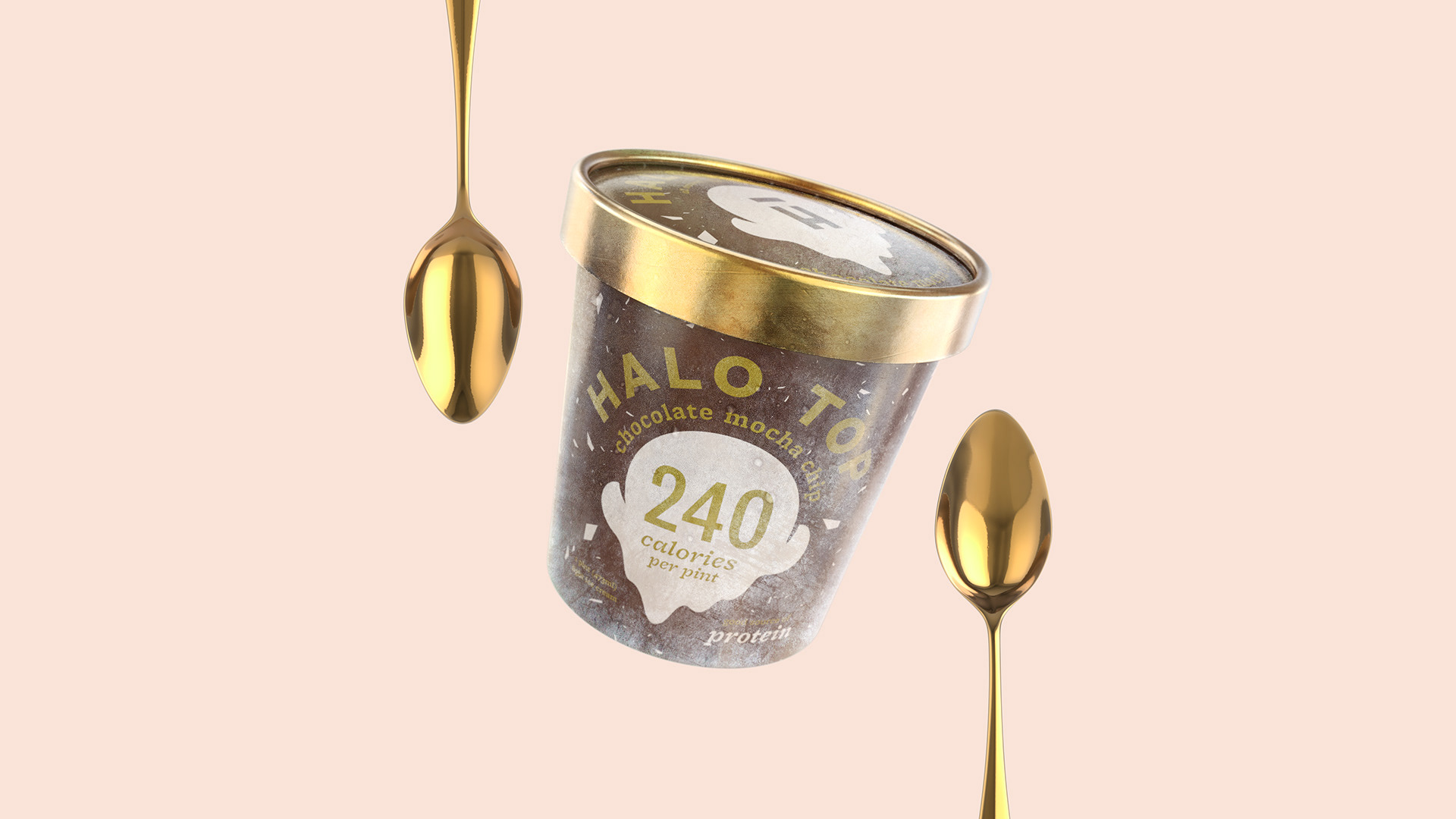 A container of Halo Top chocolate mousse ice cream with a golden spoon hovering above it, displaying 240 calories per pint on the label.