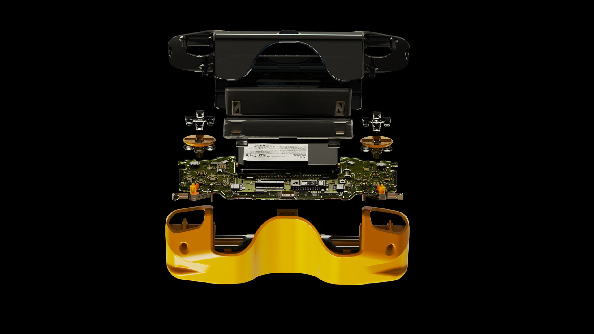 A disassembled handheld console with a yellow casing, motherboard, and various components laid out on a black background.