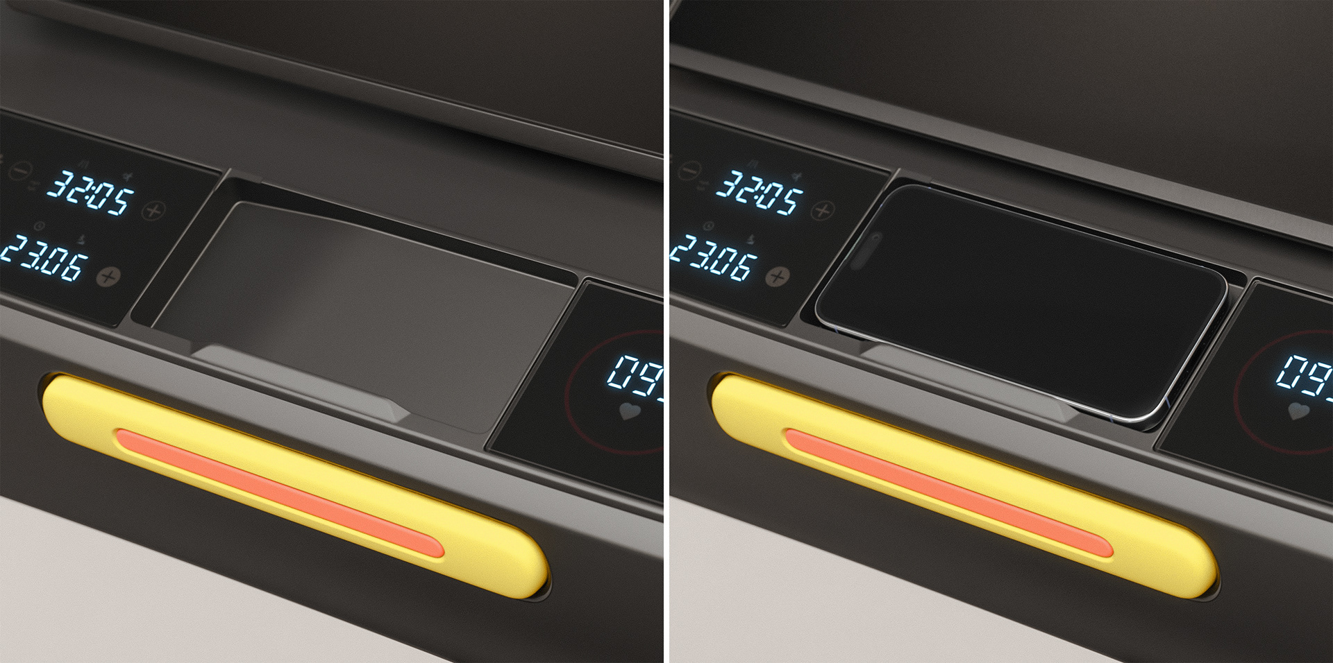 A treadmill display showing time and heart rate, with a yellow button below.