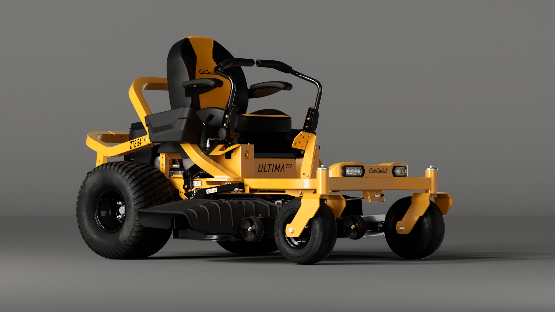 A yellow Cub Cadet lawn mower with "ULTIMA" branding on the side, featuring a black seat and large tires.