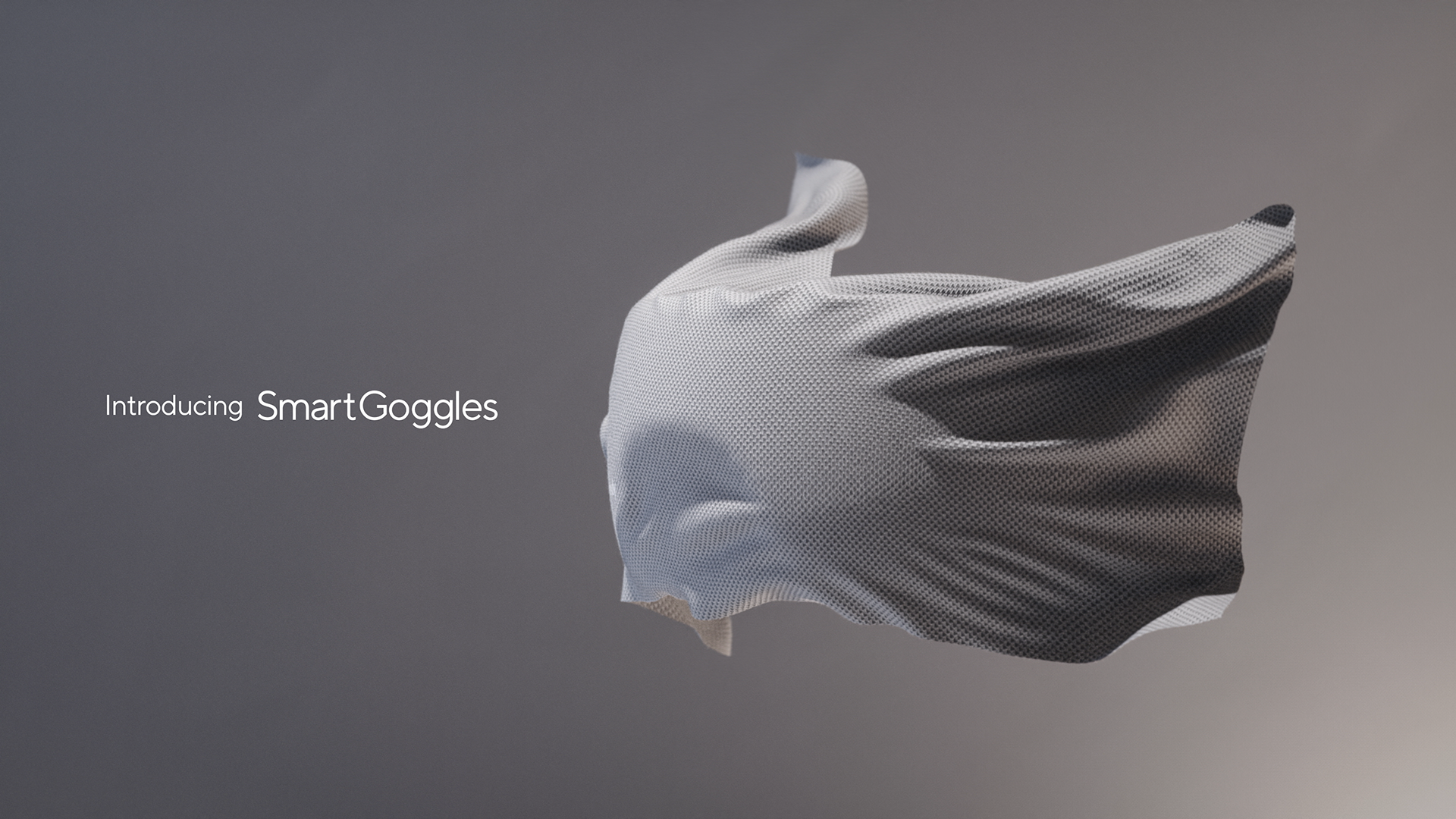A futuristic, sleek white and black smartgoggles with a mesh-like texture, floating against a gradient background.