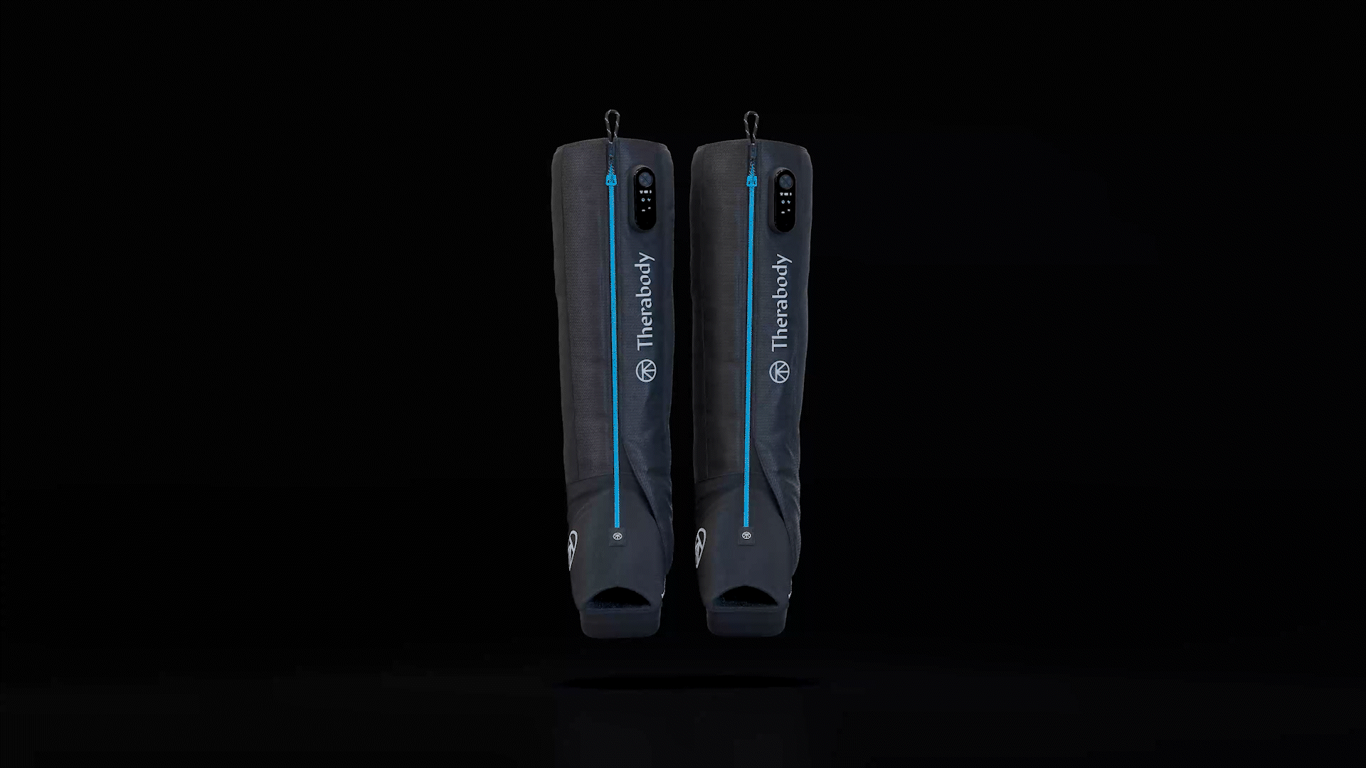 Animated sequence: A pair of black recovery air jetboots with a glowing blue light on the bottom, displayed against a dark background.
