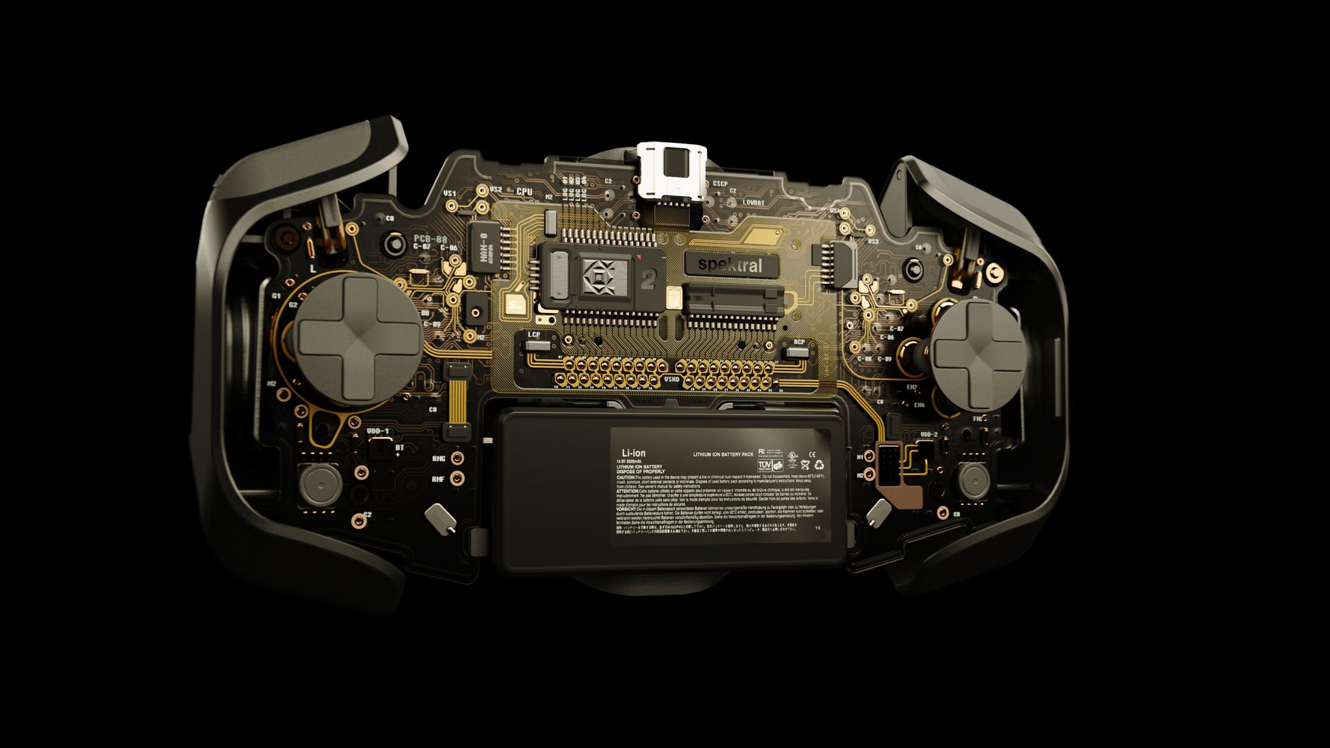 A top-down view of a handheld console's internal components, including a motherboard, battery, and various electronic parts.