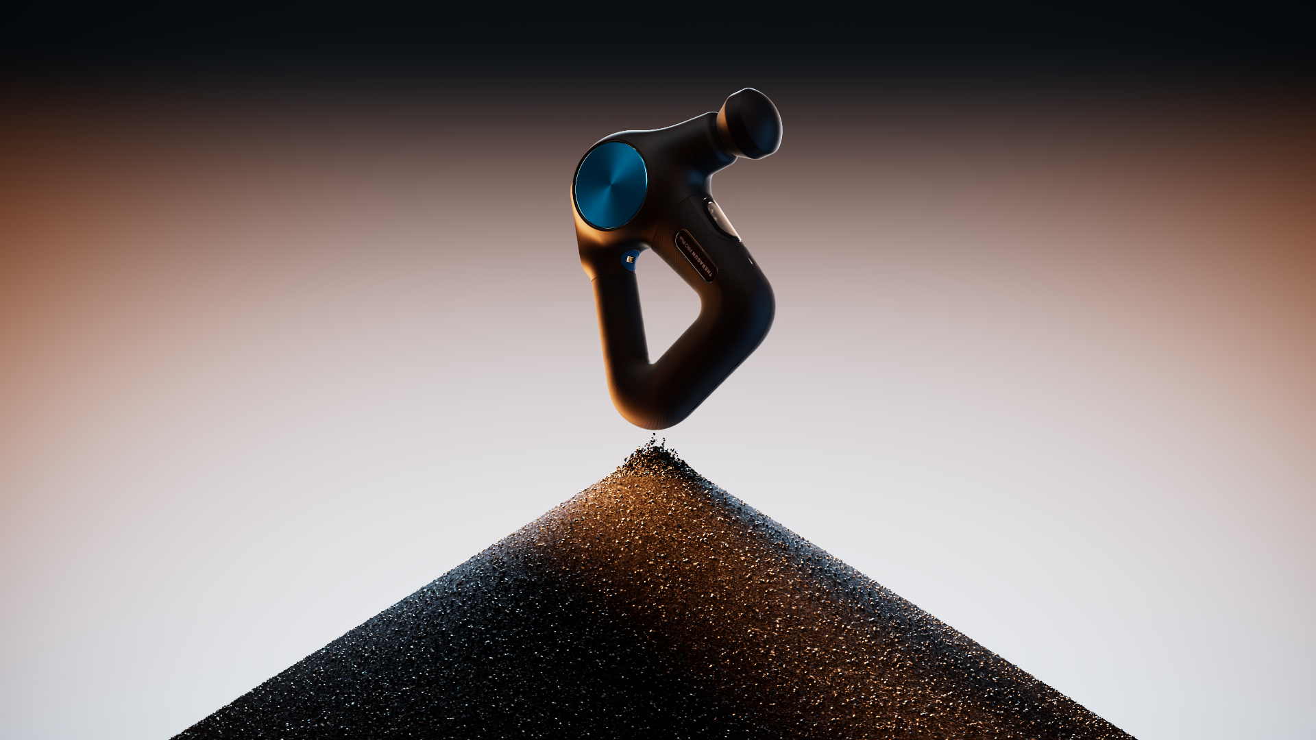 A black Theragun Pro Plus device stands atop a mound of glowing blue dots, set against a gradient background.