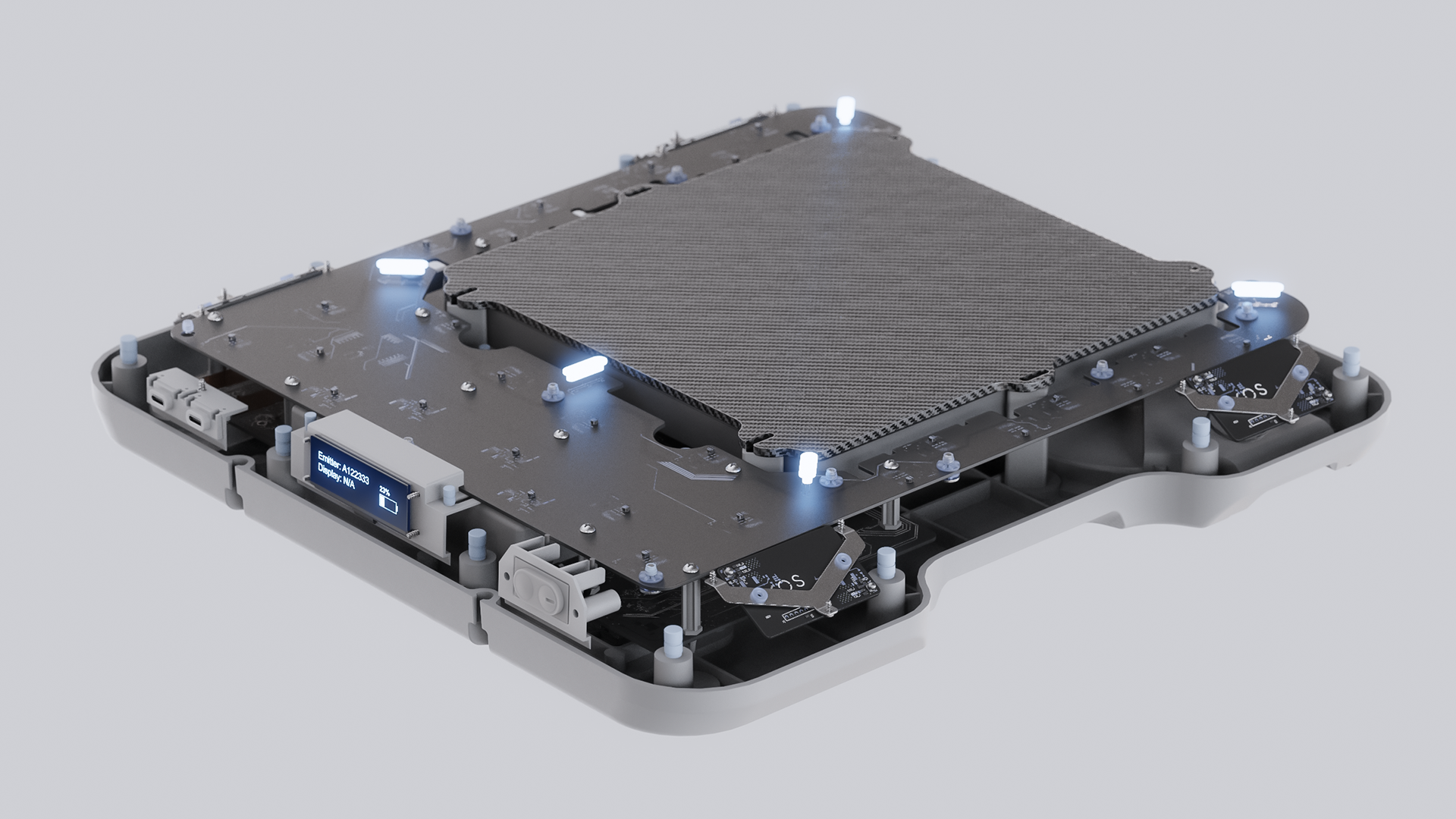 A portable precision device with a metallic surface, blue LED lights, and various connectors, including USB-C and HDMI ports.