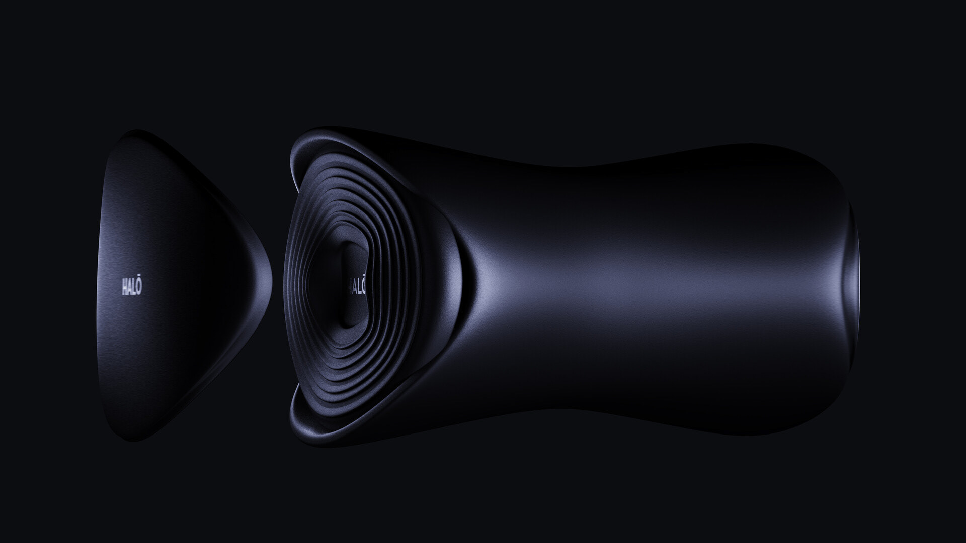 A sleek, black, futuristic earphone with the brand name "HALO" prominently displayed on its surface.