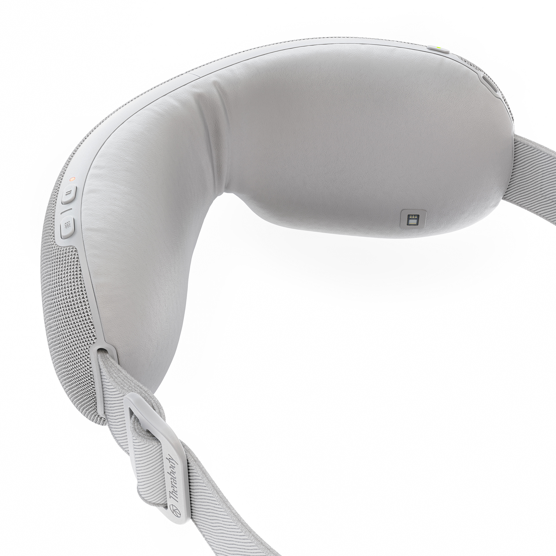 A white, ergonomic neck massager with adjustable straps and buttons for control.