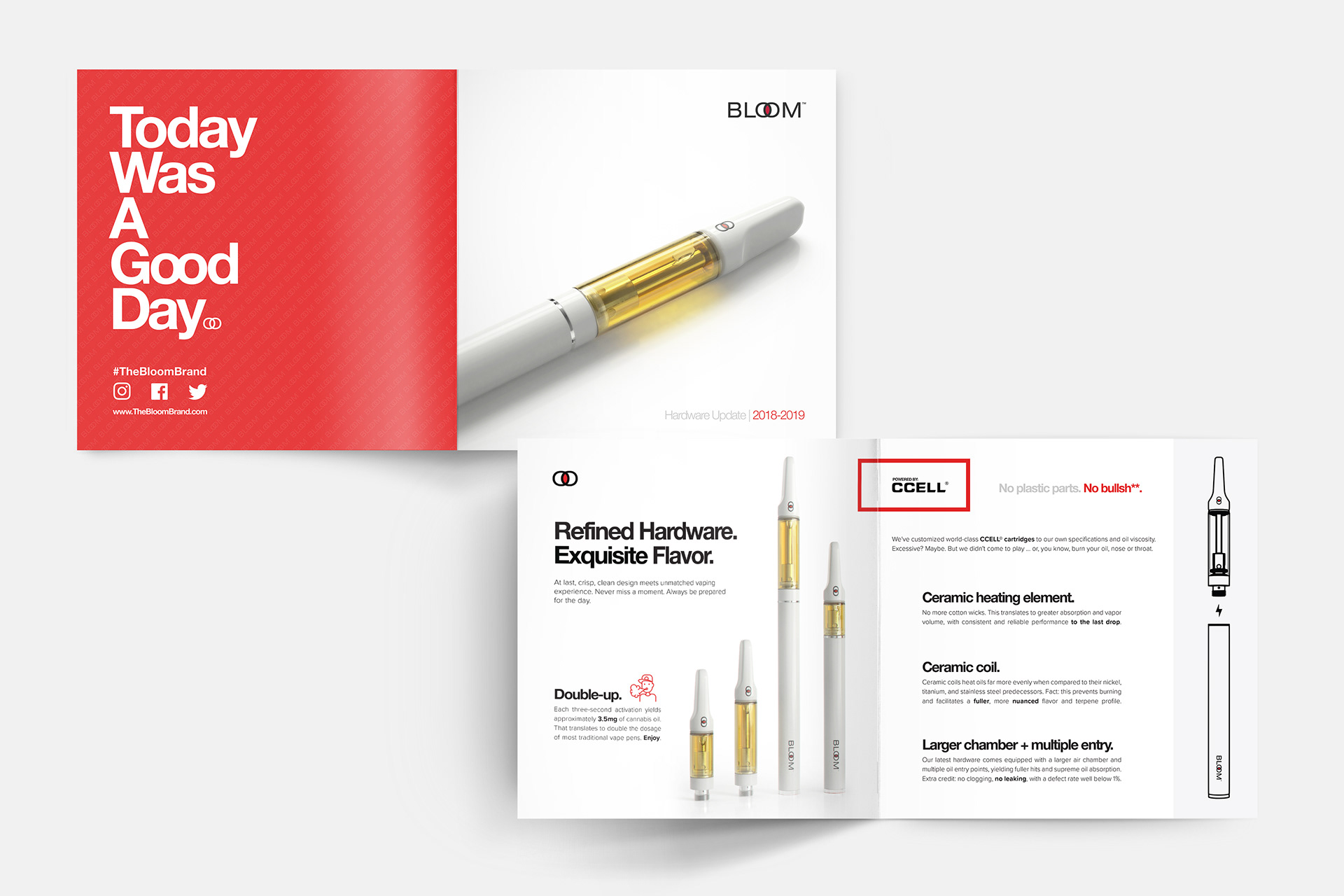 A brochure page showing a sleek, white electronic cigarette with a red background and text showing its features.
