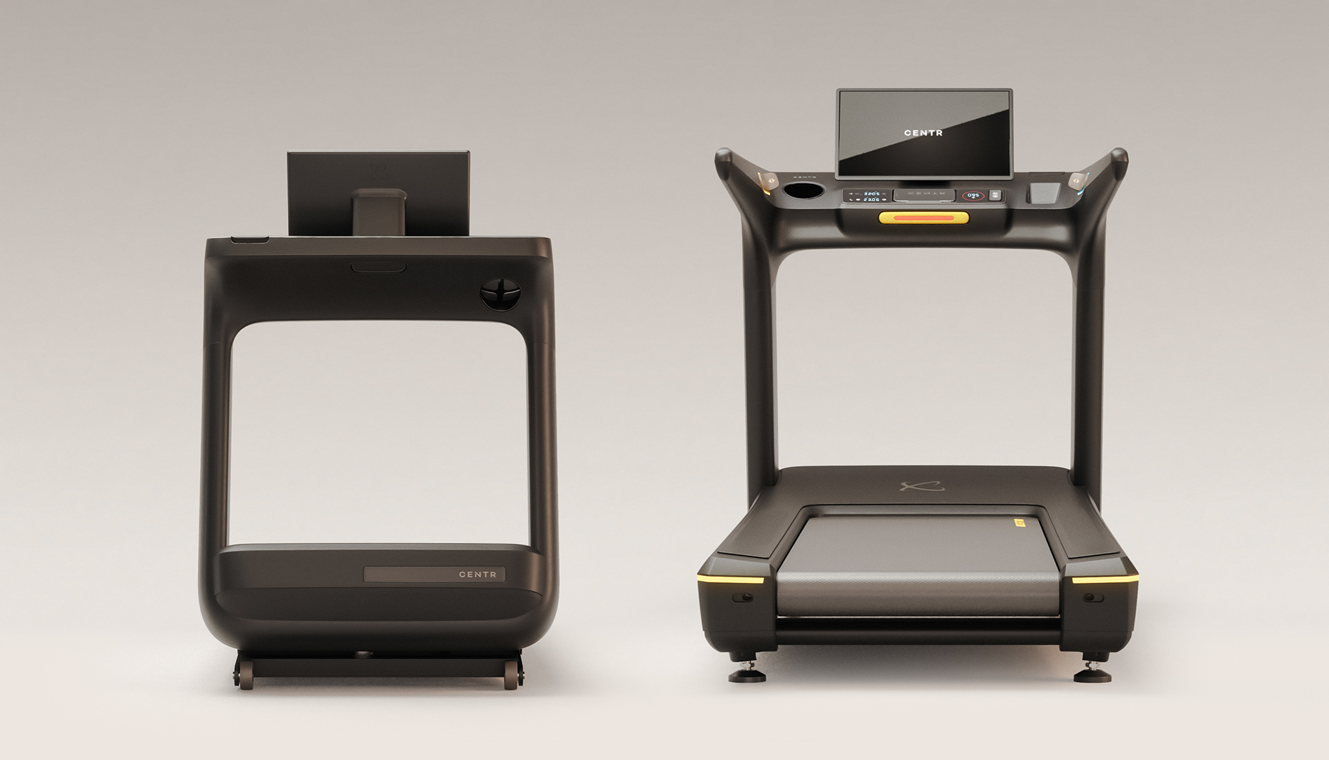 A black treadmill with a large display screen on top, labeled "CENTR," next to a stand-alone monitor also displaying the brand name.