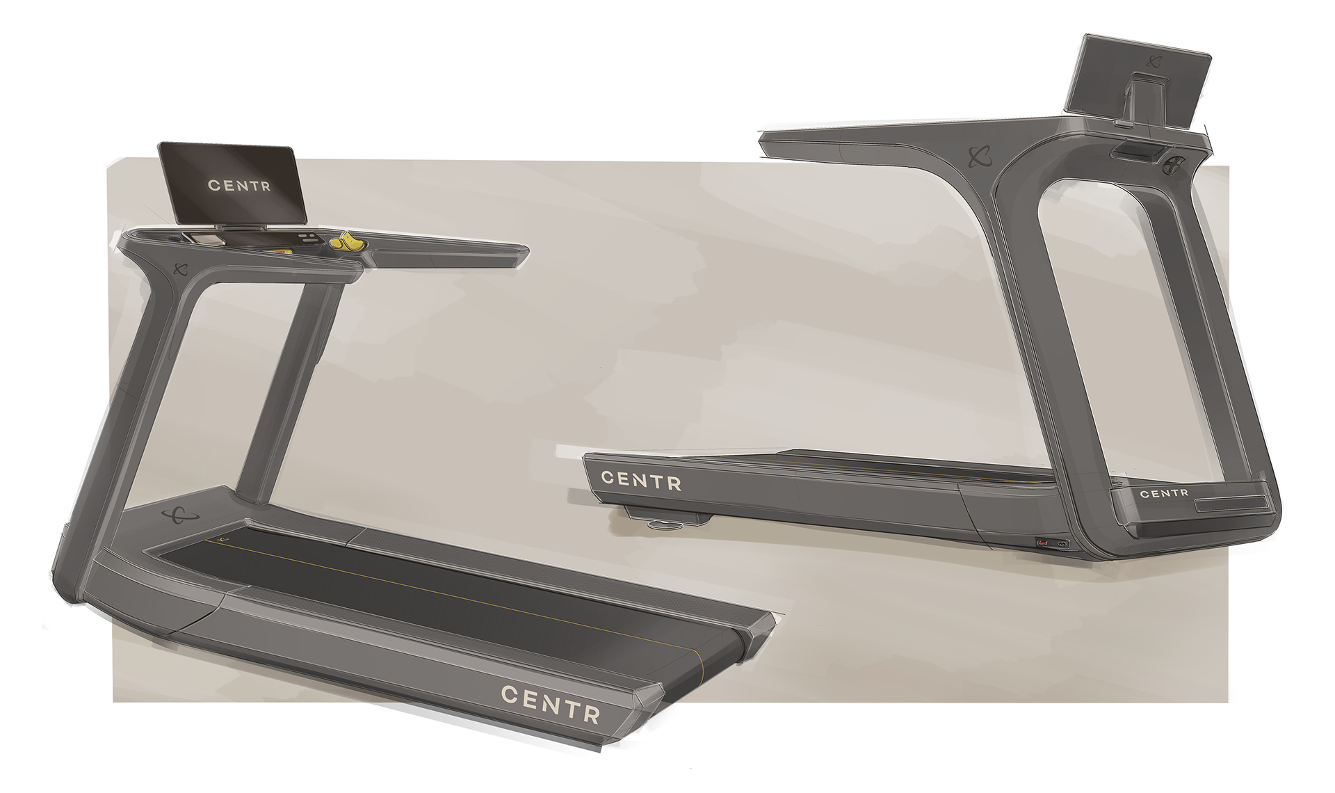 A treadmill with a minimalist design, featuring a black frame and a beige background. Visible text includes "CENTR" on the treadmill's surface.