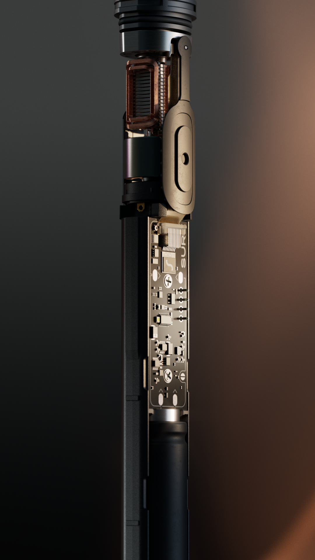 A sleek, futuristic device with a metallic finish, featuring a vertical orientation, intricate circuitry, and a prominent button labeled ON/OFF.
