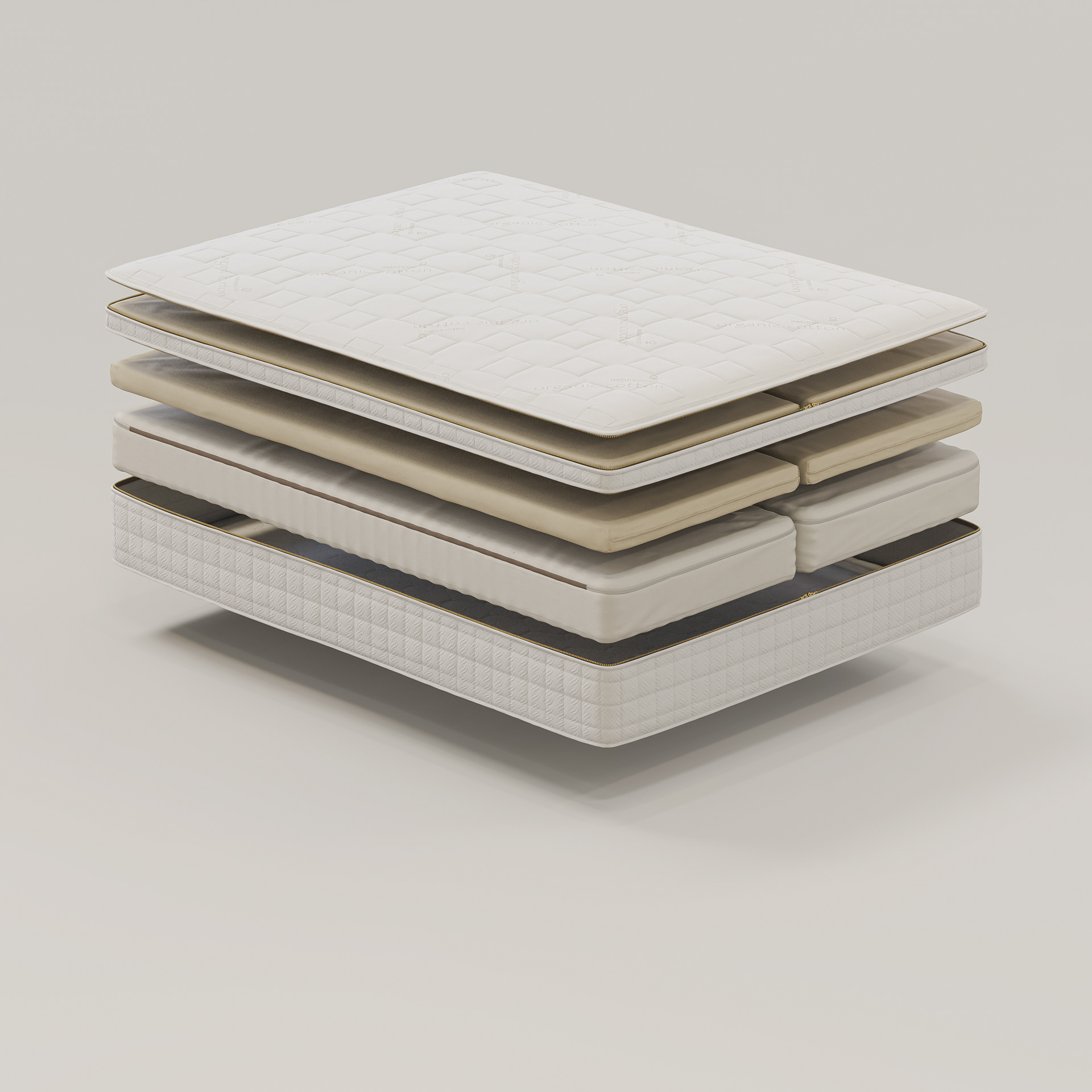 A mattress animation showing its layers, showing the "EOS SERIES" and "NATURPEDIC" branding.