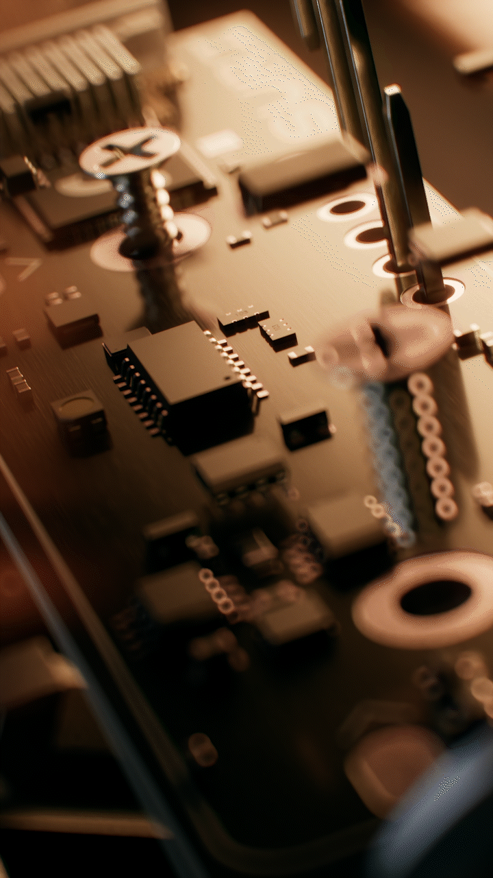 Animated sequence: Close-up of a sleek, metallic device with "SURI" and "SURI 2.0" text, featuring intricate circuitry and buttons.