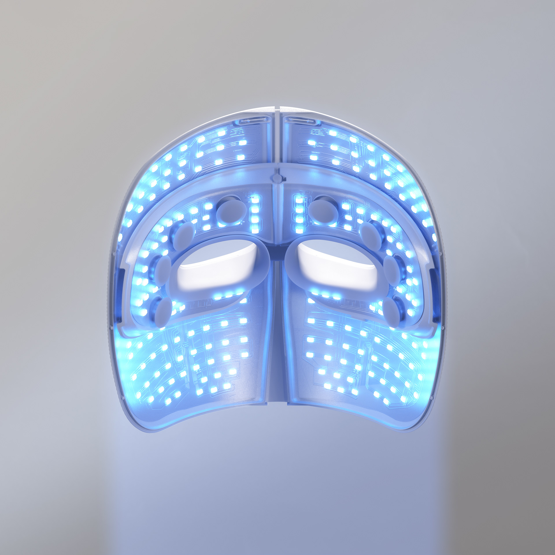 A futuristic mask with blue LED lights.