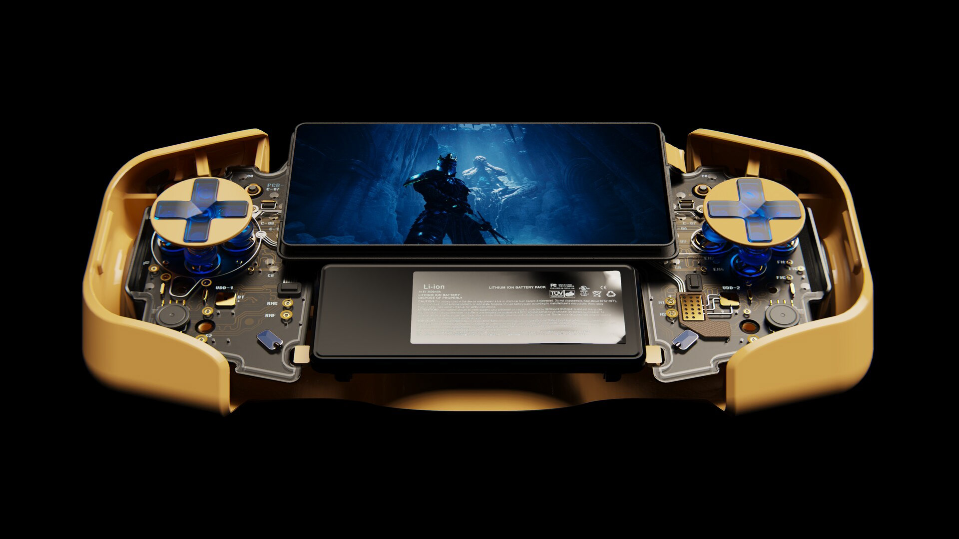 A handheld console with a blue screen displaying a game, featuring a battery labeled "BATTERY" and a speaker grille with blue and yellow elements.