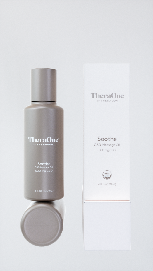 TheraOne Soothe CBD Massage Oil bottle and box on a white background.
