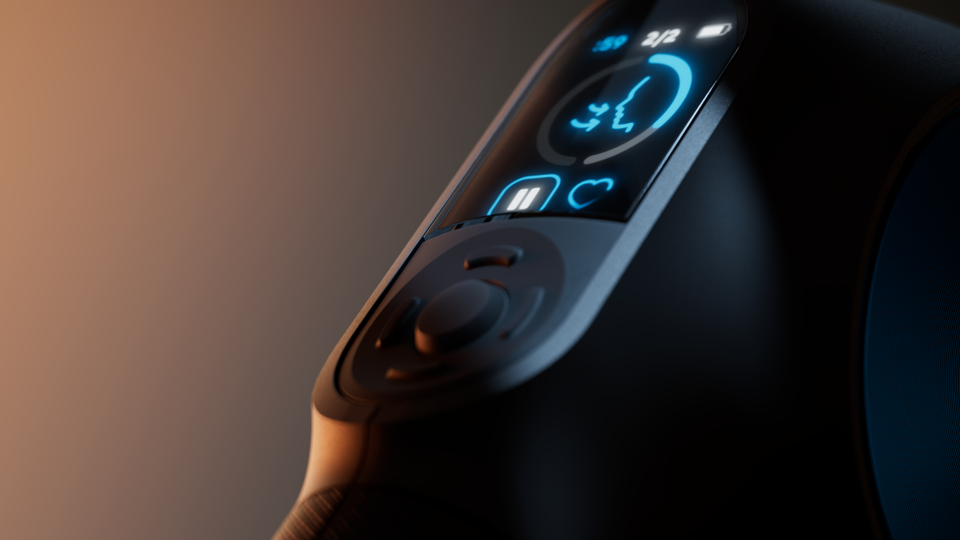 A close-up of a black Theragun Pro Plus device with blue digital display showing settings and battery level.