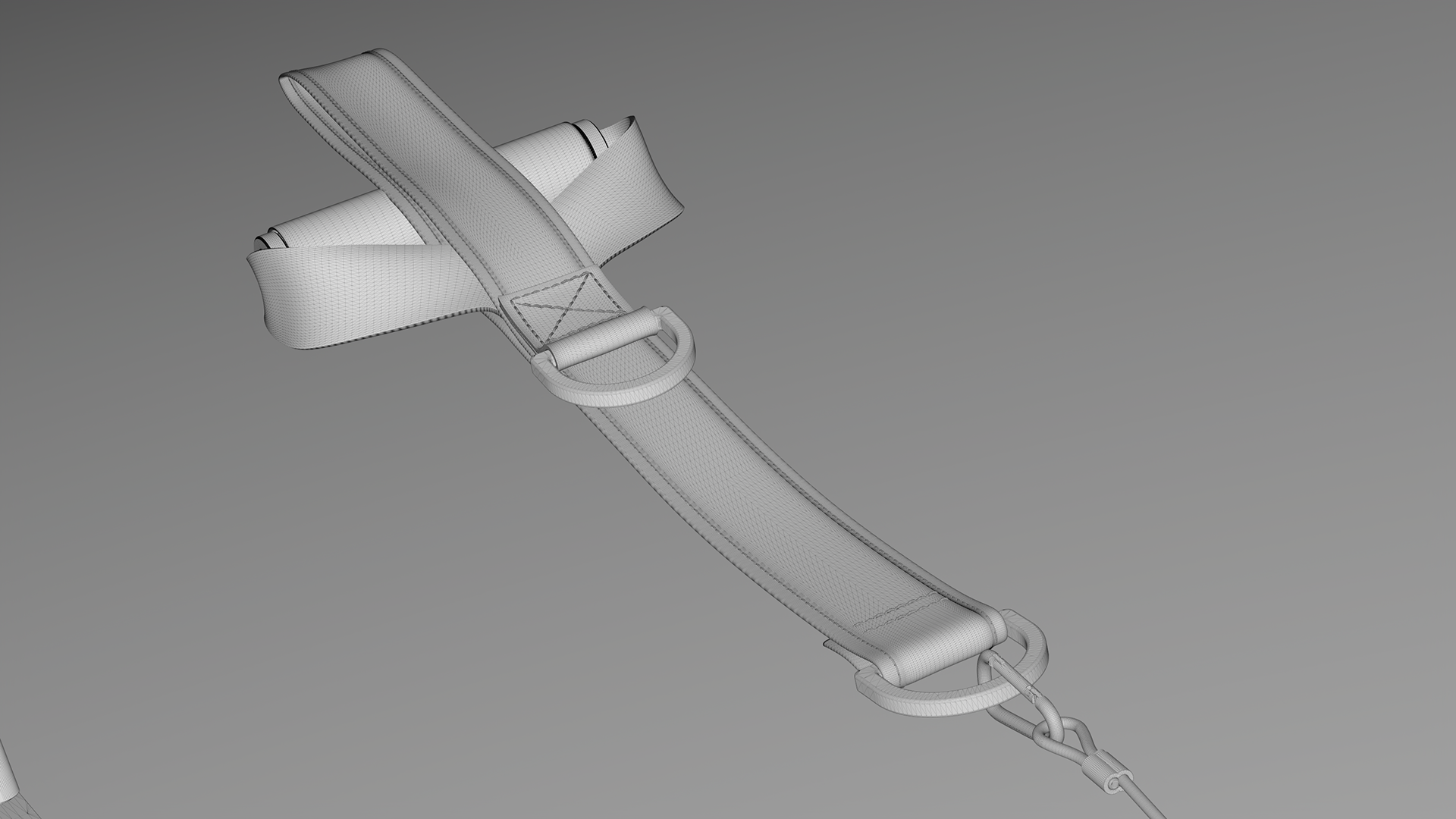 A 3D model of a white, textured object resembling a belt or strap with a circular buckle and a loop at the end.