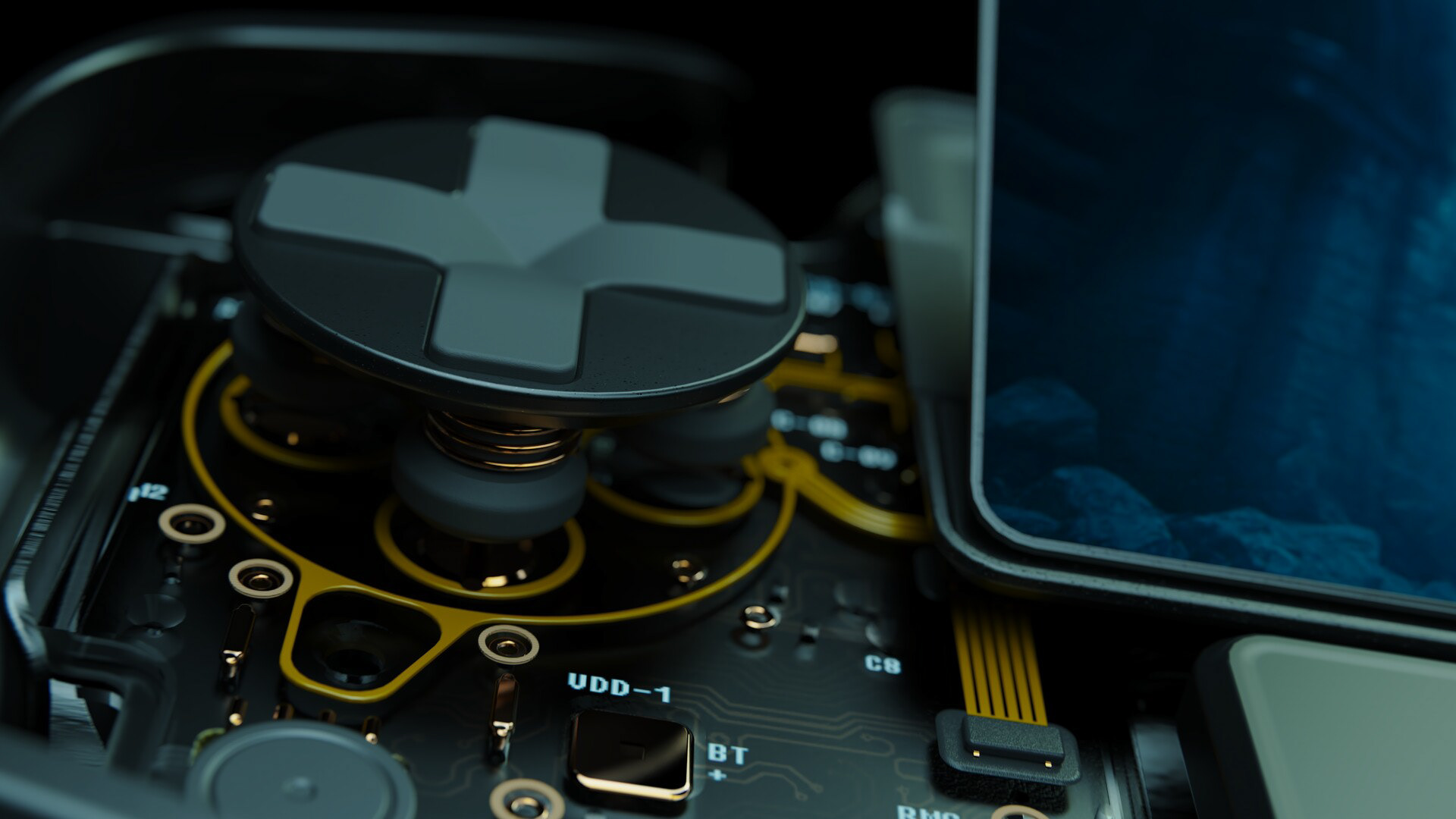 Close-up of a handheld console's circuit board, featuring intricate components like a large black button with a cross symbol, yellow circuitry, and various ports including BT and UDD-1.