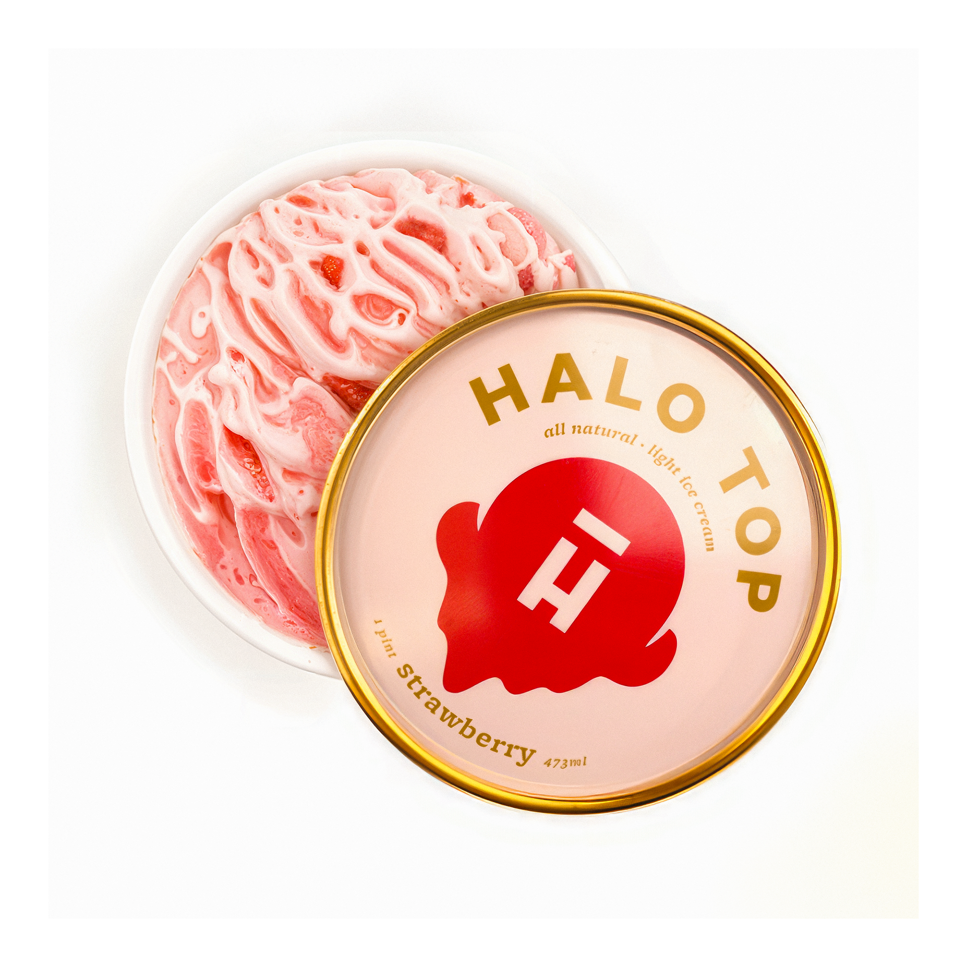 A pink Halo Top strawberry ice cream container with a red logo and gold rim on a white background.