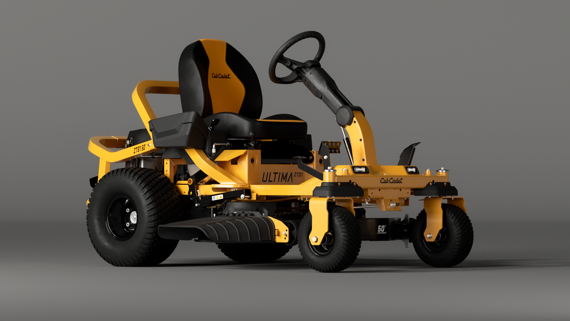A yellow Cub Cadet lawn mower with "ULTIMA" written on the side, featuring a black seat and steering wheel.